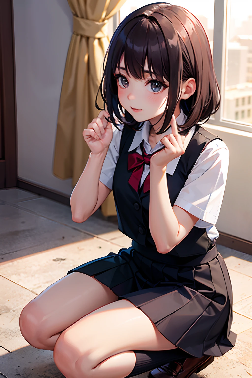 one-girl，Frontal view，Delicate facial features，short  skirt，sat on the ground，Fold your hands on your knees，Fine finger carving，Five fingers，JK school uniform，Young girls，