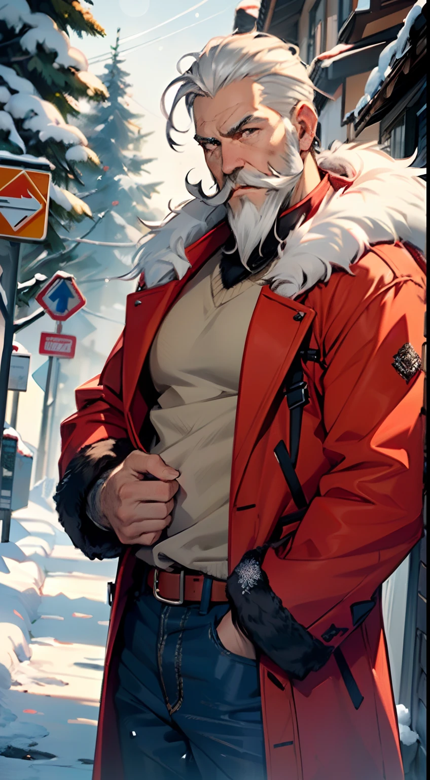 A close up of a man in a red coat standing in the snow - SeaArt AI