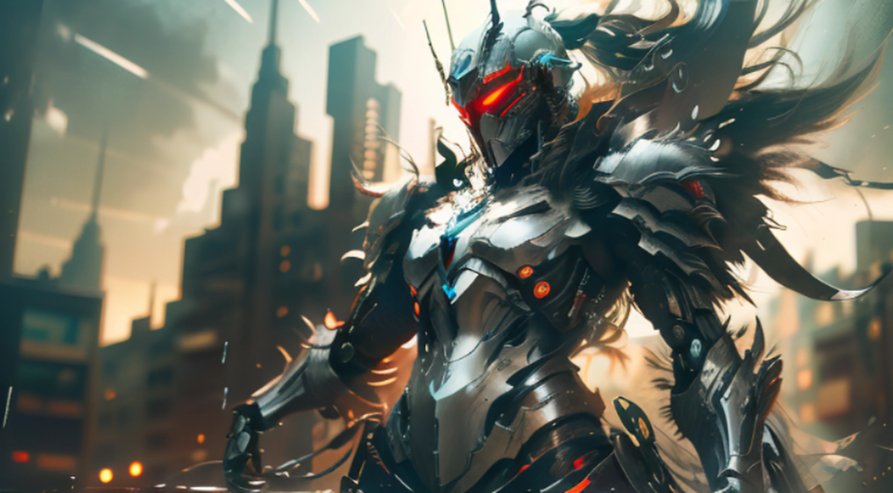 A mech, silver-white long ponytail and waist, V-shaped mechanical helmet, helmet eyes with red light, wearing a black sexy mech suit, red torn cloak swaying in the wind, white glowing six-winged mechanical wings, a broad sword glowing yellow with red light effect, Night, Rain, A destroyed cyberspace in the book of Apocalypse, lifelike, best image quality, highest definition and clarity, original, surrealism, high detail, futurism, action painting, chiaroscuro, ray tracing, motion blur, Cowboy shot, close-up, combat action drawing, layering, holographic display, cyberpunk style