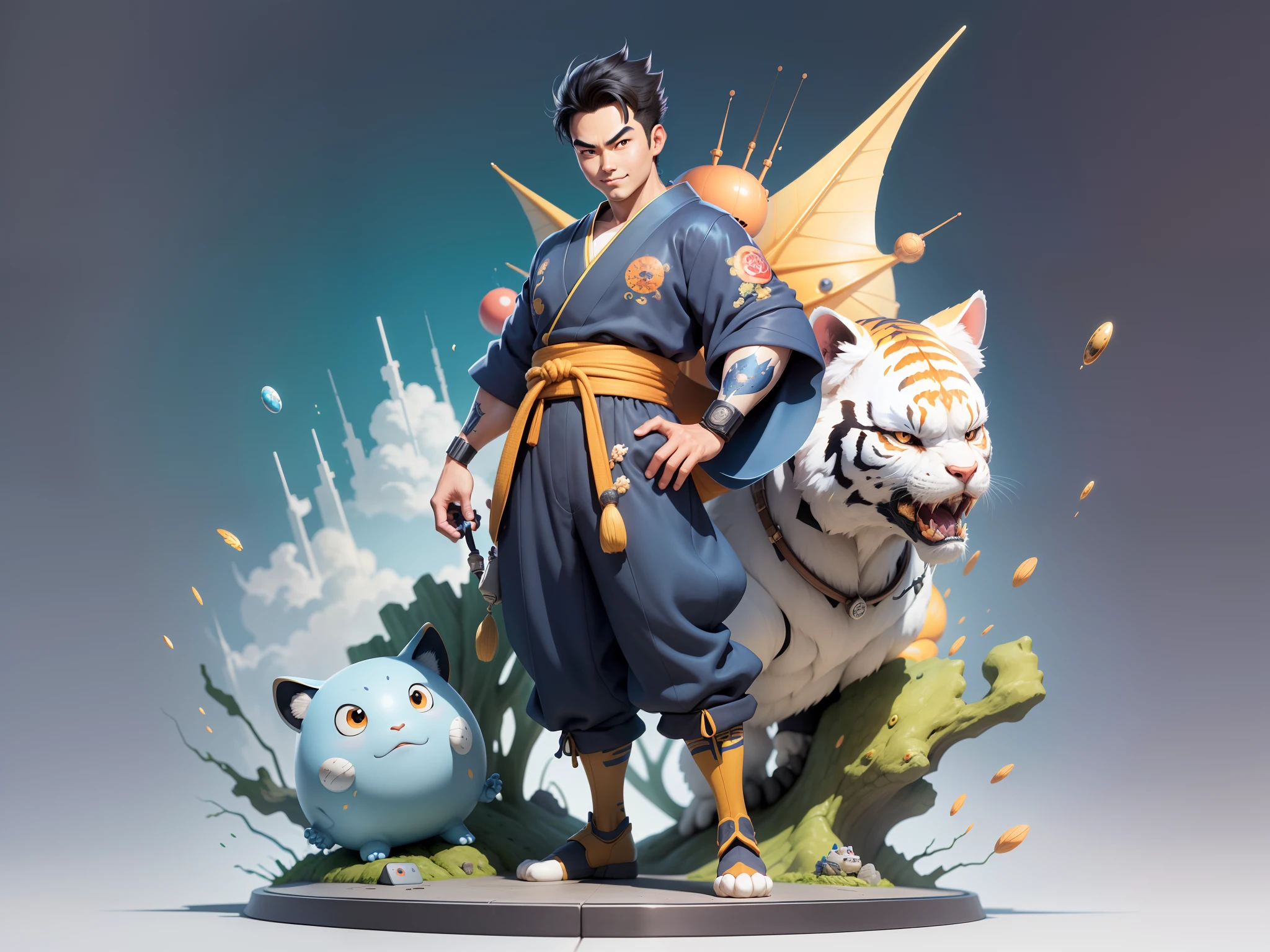 (Masterpiece), (Excellent), (Super Meticulous), (Full Body: 1.2), Super Young Man, Oriental Face, Japanese Kimono, Japanese Wind Thunder God, Dragon, Tiger, TV Anchor, Bust Portrait Illustration, Alone, Black Suit, Blue Tie, Slightly Chubby Face, Very Clean Face, No Beard, Black Super Short Hair, Black Eyes, Confident Smile, 3c Computer Sub-Products, iPad, iPhone, Digital Painting, 3D Character Design by Akira Toriyama and Mark Claireden and Pixar and Hayao Miyazaki, The illustration is a high-definition illustration in 4K resolution with very detailed facial features and cartoon-style visuals.