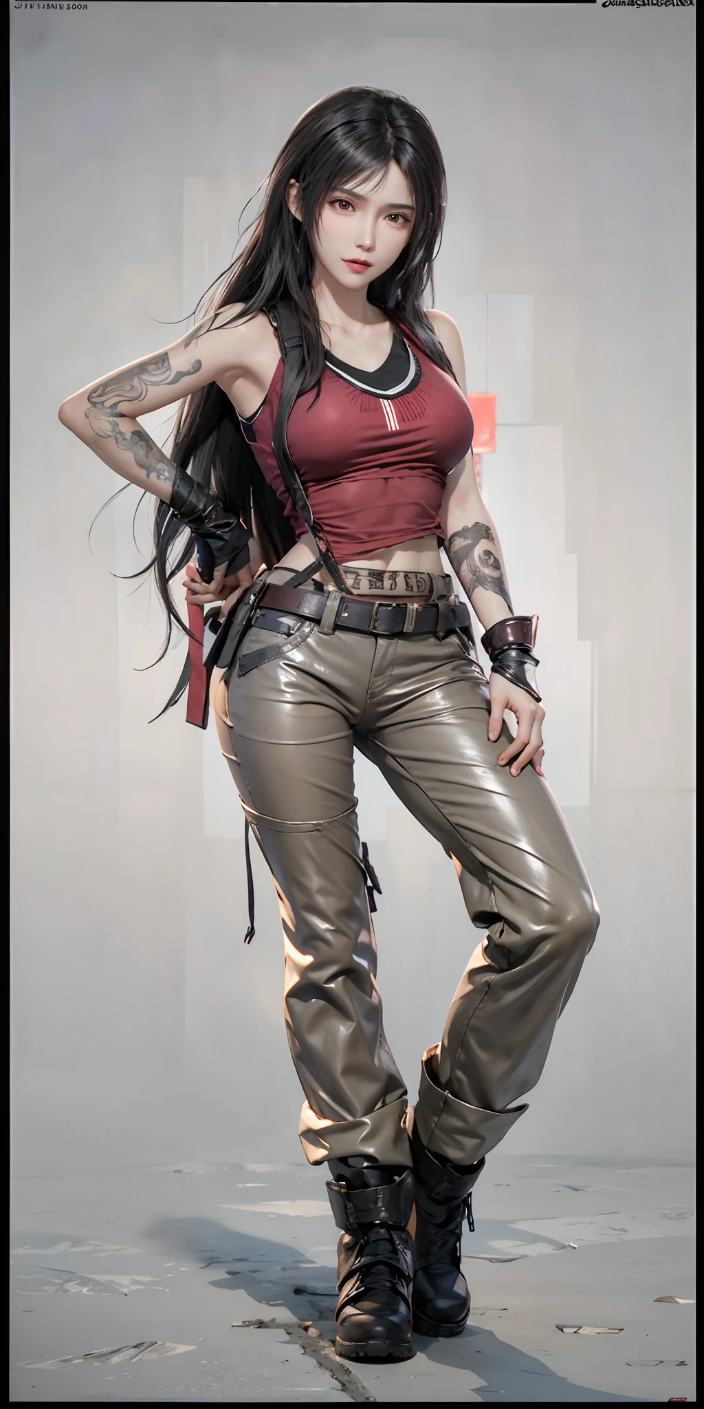 photorealistic, high resolution, soft light,1women, solo, hips up, (detailed face),tattoo, jewelry, tifa lockhart, red_eyes, black hair, long hair