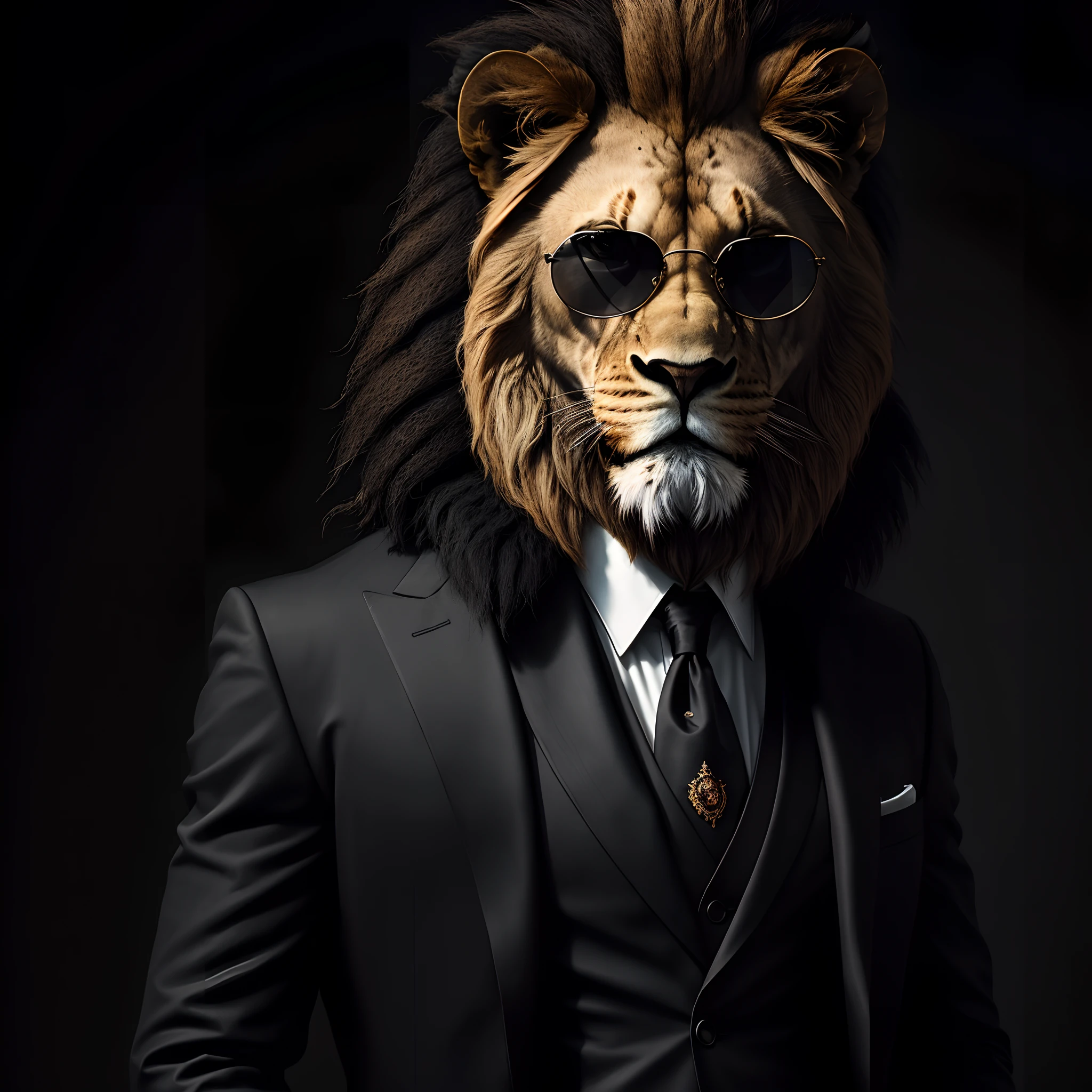 Title: "Lionhearted Elegance: A Mysterious Fusion"
Prompt: Create a highly detailed, dark-themed portrait of a man exuding sophistication, wearing a dapper suit while sporting a lion's head with sunglasses. Set against a minimal, one-color background, bring forth an air of mystique, enhancing the darkness with intriguing details.
Description: Explore the juxtaposition of power and style by merging the regal essence of a lion with the refined elegance of a well-dressed man. Portray the man with utmost attention to detail, capturing the intricate features of his suit, such as the tailored lines, buttons, and pocket square. Ensure the lion head retains a realistic and commanding presence, while the sunglasses add an enigmatic touch to his expression.
Emphasize the darkness of the composition by employing subtle shades, creating depth and shadows within the portrait. Utilize rich tonal variations to accentuate the contours of the lion's face and suit while maintaining an overall dark ambiance. The one-color background should enhance the sense of minimalism and draw attention to the main subject.
Feel free to experiment with additional artistic elements to elevate the intrigue of the portrait further. Consider incorporating subtle hints of mystery, like subtle smoke or a faint silhouette in the background, enhancing the enigmatic atmosphere surrounding the lion-man.
Remember to focus on capturing the essence of confidence, power, and sophistication in this unconventional and captivating portrait. Strive to bring your creative vision to life through meticulous attention to detail and a masterful execution of the dark aesthetic.
Note: These suggestions are meant to inspire your prompt and provide a starting point for the artwork. Feel free to modify or customize the prompt as per your artistic preferences and vision. --auto