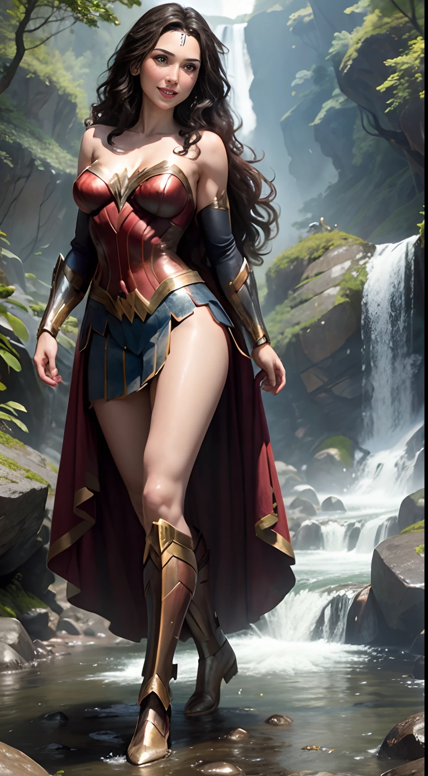 Gal Gadot as a beautiful wonderwoman, busty, completely naked, dark brown flowing hair, smiling, bathing under a waterfall, in a forest, front view, naked boobs and pubic hair visible, mountains in background, full body image, graceful