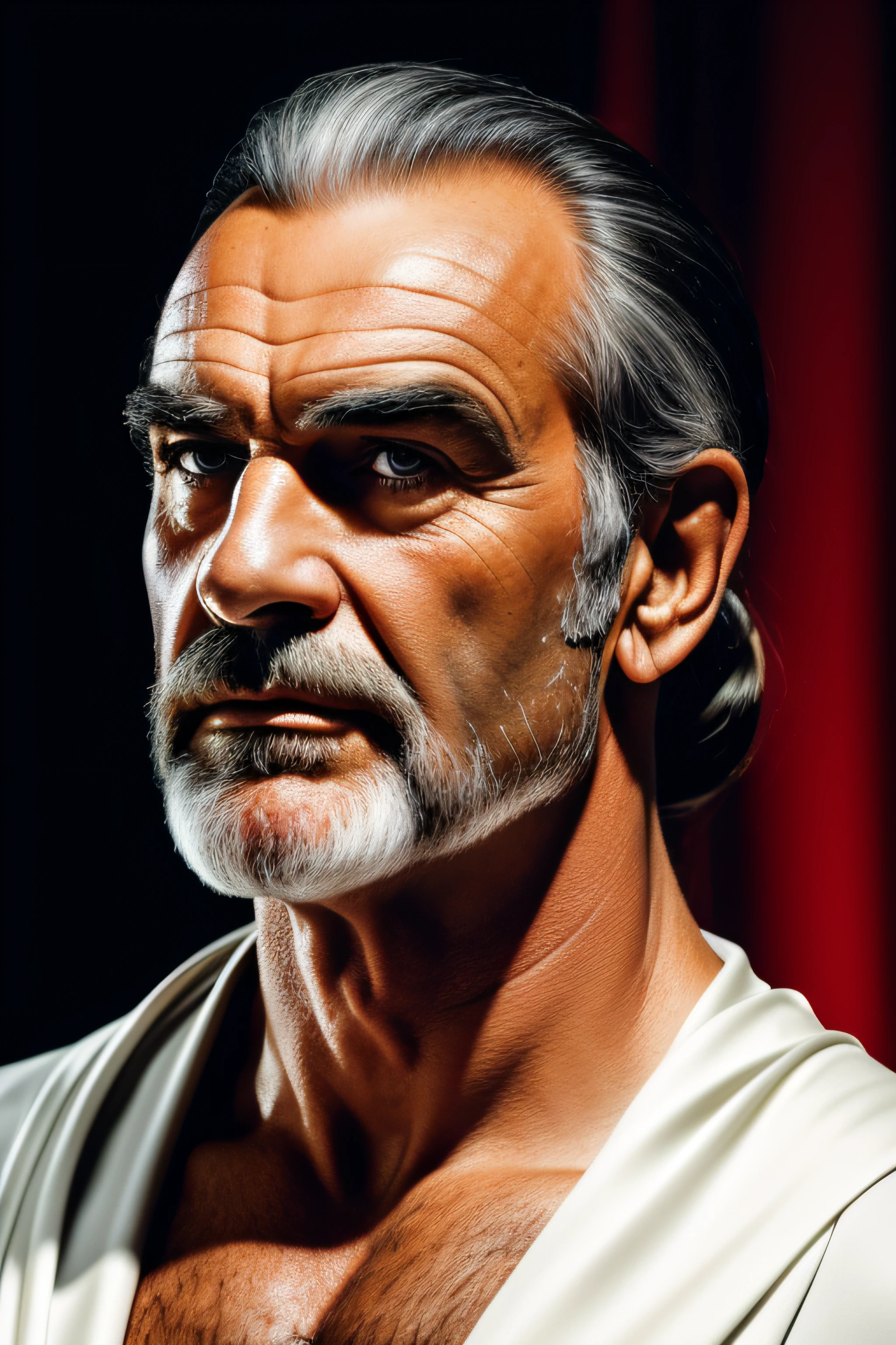 ((RAW, analog style)), (masterpiece, high res, 16k, perfect anatomy, perfect face), Sean Connery 60s, photo portrait, Sean Connery with ancient greek dress, hair in a ponytail, discreet goatee, (photorealistic:1.2) (best quality) (intricate details) (High Poly) (ray tracing) (cinema lighting) (Sharp focus) (detailed face), whole body, realistic skin textures, background with red drape