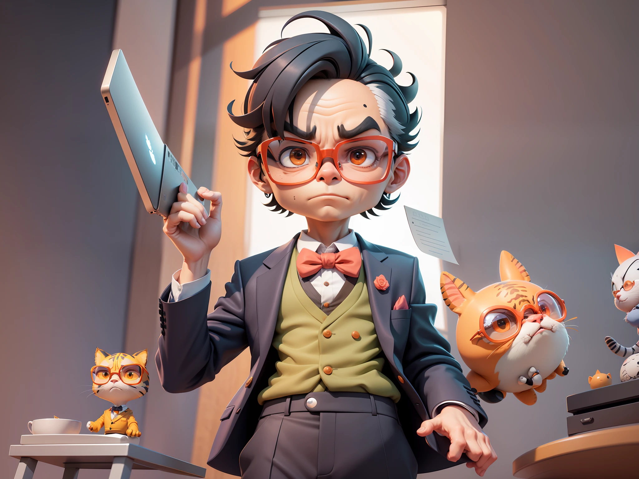 A young man in a suit, Short hair and glasses sat at his desk,holding laptop,digitial painting,tigre,3D character design by Mark Clairen and Pixar and Hayao Miyazaki and Akira Toriyama,4K HD illustration,Very detailed facial features and cartoon-style visuals。