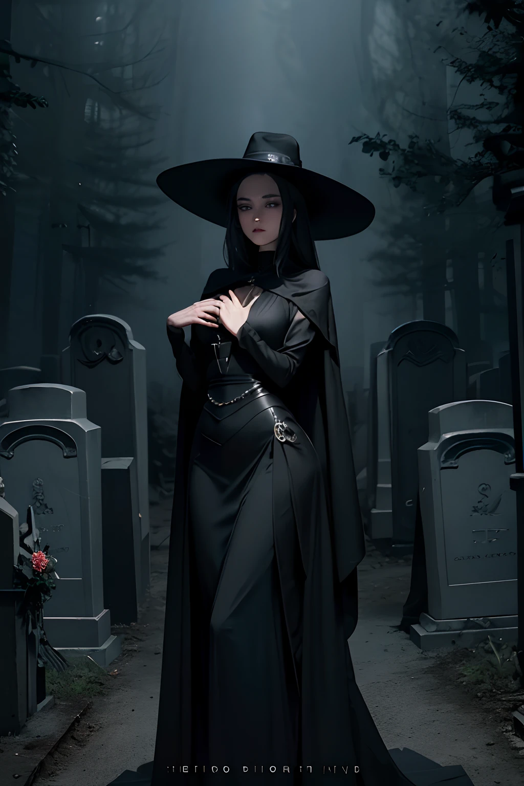 A woman in a black dress and hat standing in a cemetery - SeaArt AI
