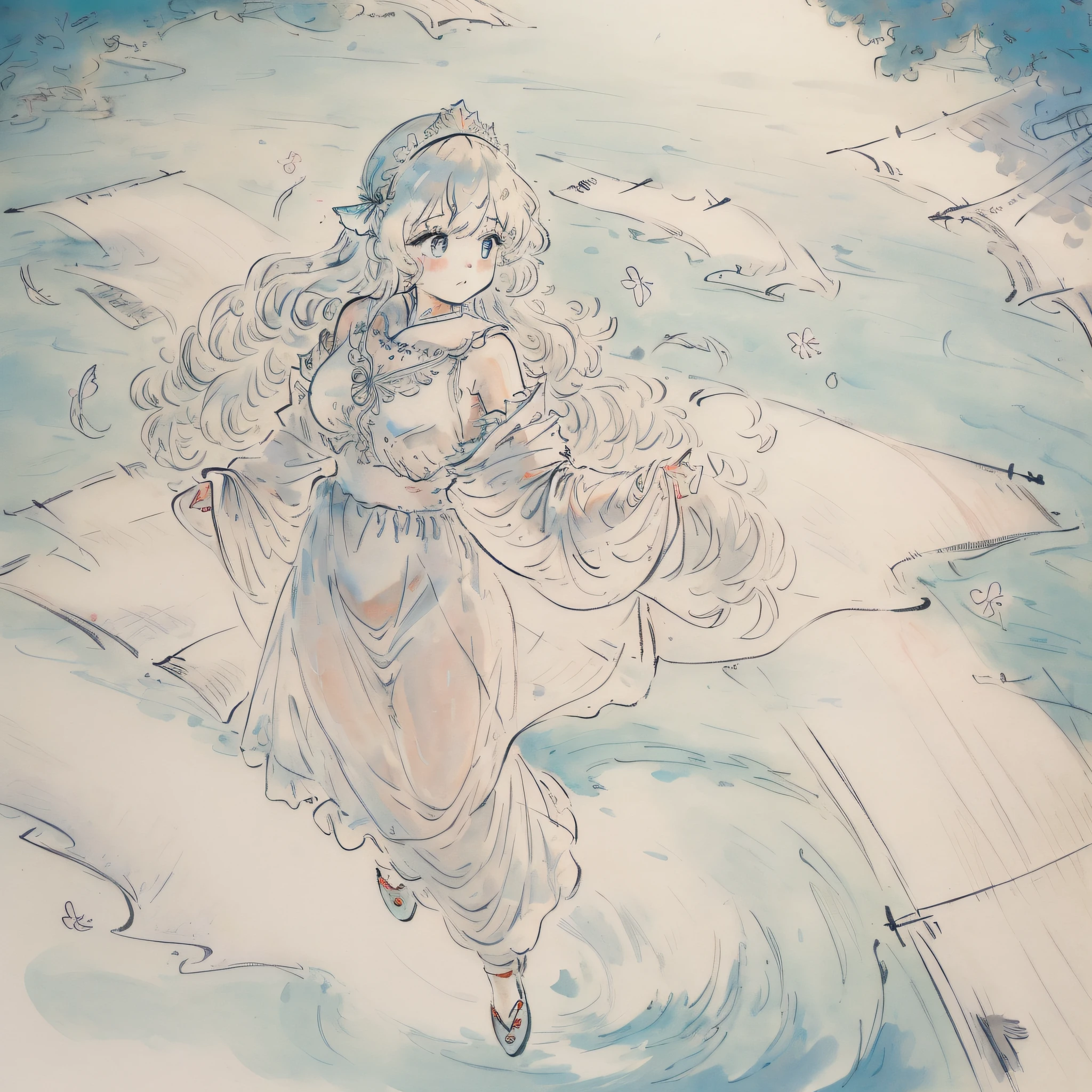 (extremely detailed CG unity 8k wallpaper),(((masterpiece))), (((best quality))), ((ultra-detailed)), (best illustration),(best shadow), ((an extremely delicate and beautiful)),dynamic angle,floating, solo,((1girl)),{long wavy curly hair},expressionless,((white idol dress)), anglesailor dress,(detailed wet clothes),silk shawl,bikini,underboob, frills,cute anime face,blush,(beautiful detailed eyes), (detailed light),feather, nature, (sunlight), river, (forest),(((floating palace))),beautiful and delicate water,(painting),(sketch),(bloom),(shine),