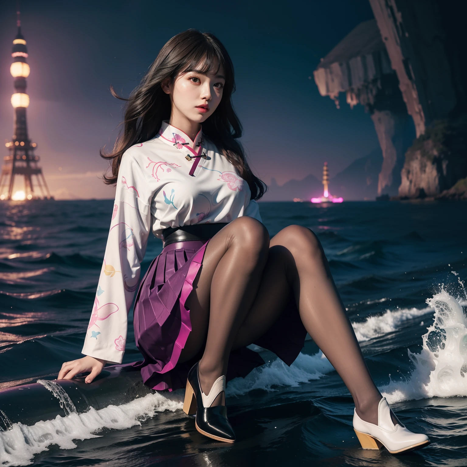 (full body:1.5),(1girl:1.3),(view the viewer:1.4),(anatomy correct:1.45),(Sitting dancing under the towering waves:1.3),(very thick printed pantyhose:1.4),( Chinese woman Wear printed fantasy Japanese style JK student uniform pleated skirt and uniform pointed high-heeled leather shoes :1.35), (Light particle effect:1.3),(In pink | amarelo | blue colors| green color |red color | white colors| black in color| purplish color| greys| Beige| Flesh color 1.4),(Glowing eyes:1.3),(Large amplitude action: 1.3),(Accurate and perfect face:1.4),hyper HD, Ray traching, reflective light,structurally correct, Award-Awarded, high detail, lighten shade contrast, Face lighting,cinmatic lighting, tmasterpiece, super detailing, high quality, high detail, best quality, 16k,High contrast,