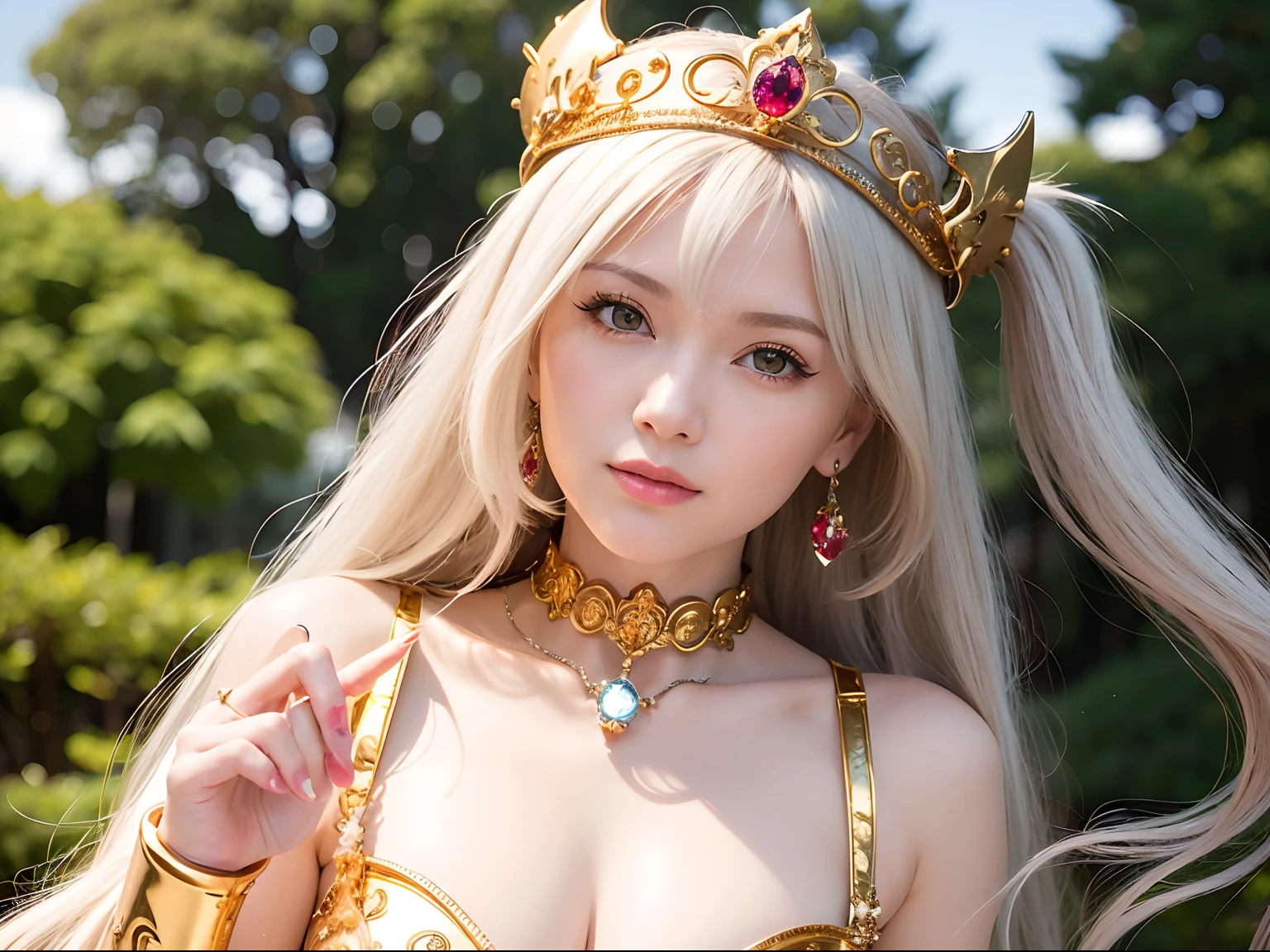 (masutepiece), Professional , masterpiece、top-quality、photos realistic , (Gemstone Silver Metal Body:1.9),(Matte White、Particles of light、Jewel Gold Weapon、(Gorgeous castle background), (White Micro Bikini),(Jewel Metal Body:1.4),(Gorgeous Jewel Metal Weapons) , Detailed Sword of the Brave ,(The dragon),warhammer 40k , adepta sororitas,Detail and ornate jewel crown、独奏、blonde hair、(Gangle's forest background)、Beautiful Japanese beauty、1a person、dynamic ungle,(((Diamond tiara with detail and luxury)))、a small face、A smile、Powerful poses, (Gorgeous castle background), huge-breasted, 20 year old beautiful woman、Stand in the center of the screen、Thin female fingers、Smaller head、Glamorous body、Beautiful ass、((Open your mouth wide and stick out your long tongue:1.4))