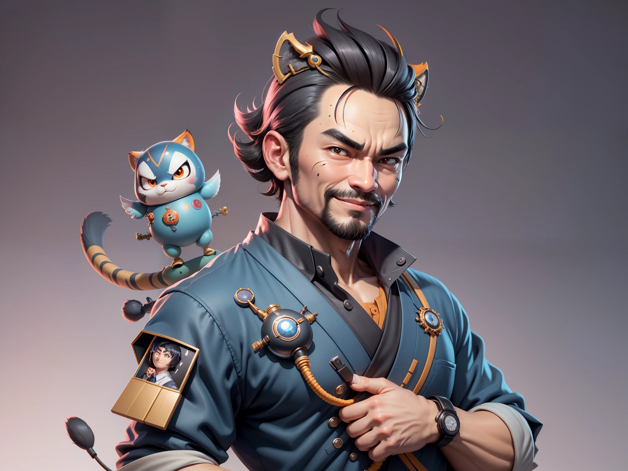 (Daisaku),(Need),(Super meticulous),(full bodyesbian:1.2),Super young man with Japanese geisha,Beautiful,orient,one tiger,Aeolian Thor,Raised sexy,爆乳,Oriental face,TV Anchor,Bust portrait illustration,In black suit,a blue tie,The face is slightly chubby,The face was clean,without a beard,Black super short hair,Black eyes,Smile confidently,3C computer sub-products,iPad, iphone,Digital painting,3D character design by Mark Clairen and Pixar and Hayao Miyazaki and Akira Toriyama,The illustration is a high-definition illustration in 4K resolution,With very detailed facial features and cartoon-style visuals。