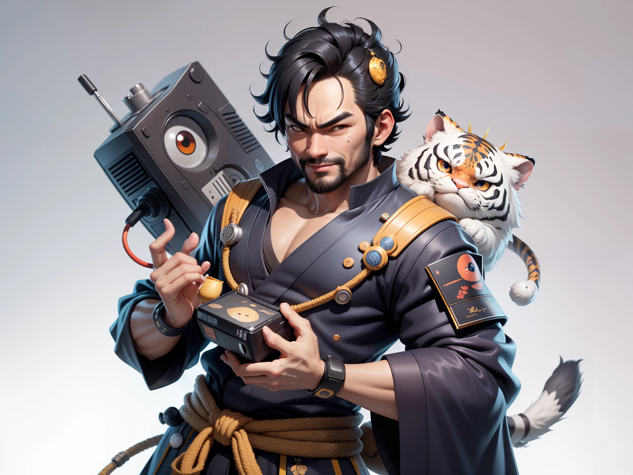 (Daisaku),(Need),(Super meticulous),(full bodyesbian:1.2),Super young man with Japanese geisha,Beautiful,orient,one tiger,Aeolian Thor,Raised sexy,爆乳,Oriental face,TV Anchor,Bust portrait illustration,In black suit,a blue tie,The face is slightly chubby,The face was clean,without a beard,Black super short hair,Black eyes,Smile confidently,3C computer sub-products,iPad, iphone,Digital painting,3D character design by Mark Clairen and Pixar and Hayao Miyazaki and Akira Toriyama,The illustration is a high-definition illustration in 4K resolution,With very detailed facial features and cartoon-style visuals。