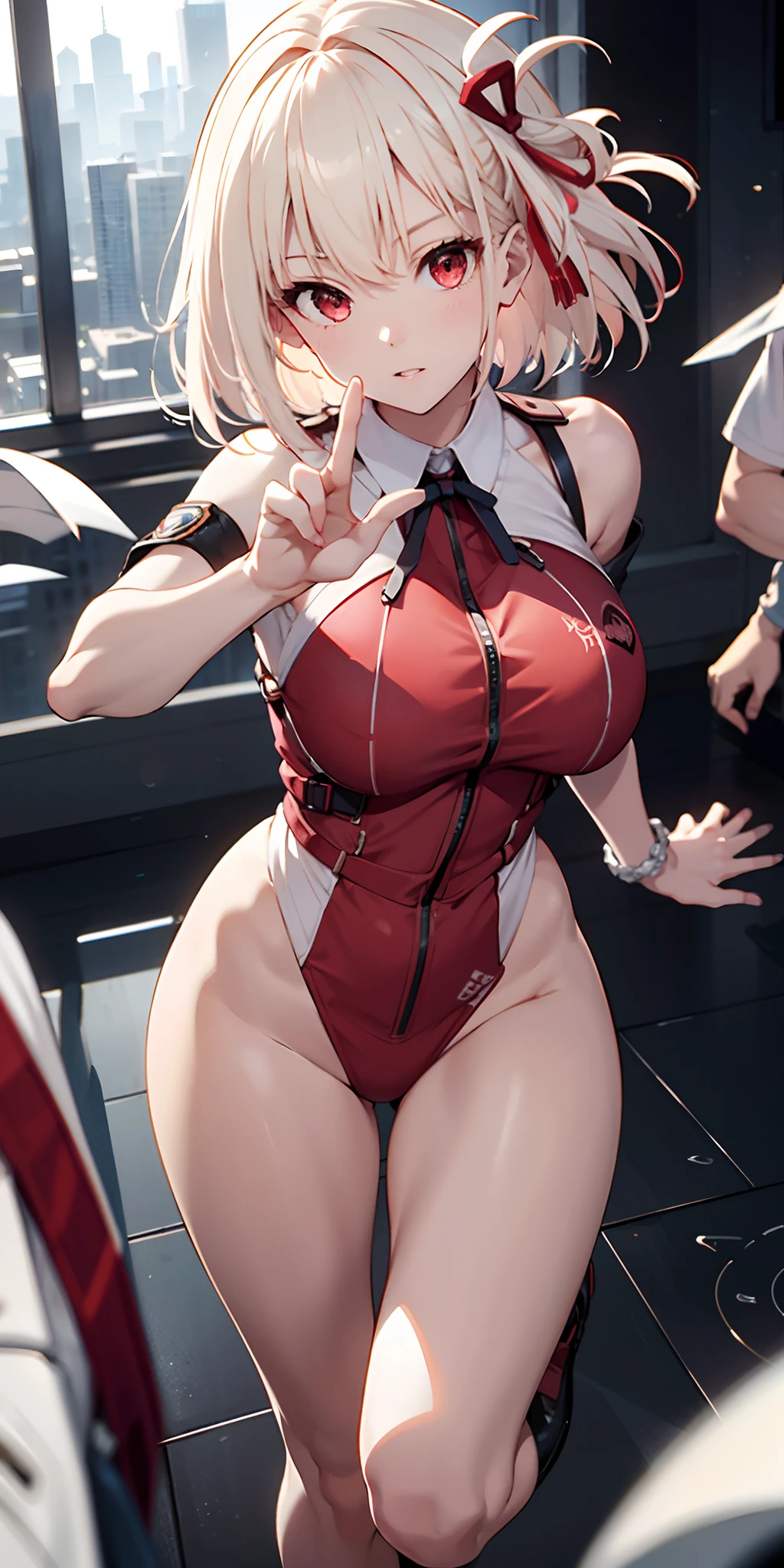 Absurd resolution, high resolucion, (Masterpiece: 1.4), A highly detailed, 1 Girl, All-node, sexy body, perfect body figure, What you see from above, universe, Floating, satellite, Running Pose, Wide-angle lens distortion, Platinum blonde, middle way hair, Red Eyes