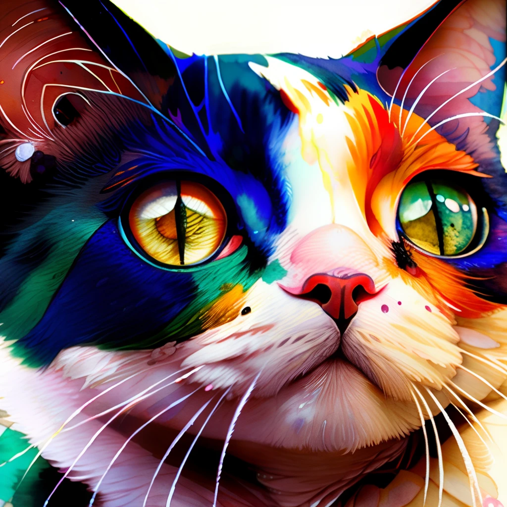 wtrcolor style, digital art (cat character), official art, frontal, smile, masterpiece, beautiful, (watercolor), face paint, paint splatter, intricate details. Elaborate and elaborate eyes, [Drip: 0.5], trending at Art Station, by Rachel Walker