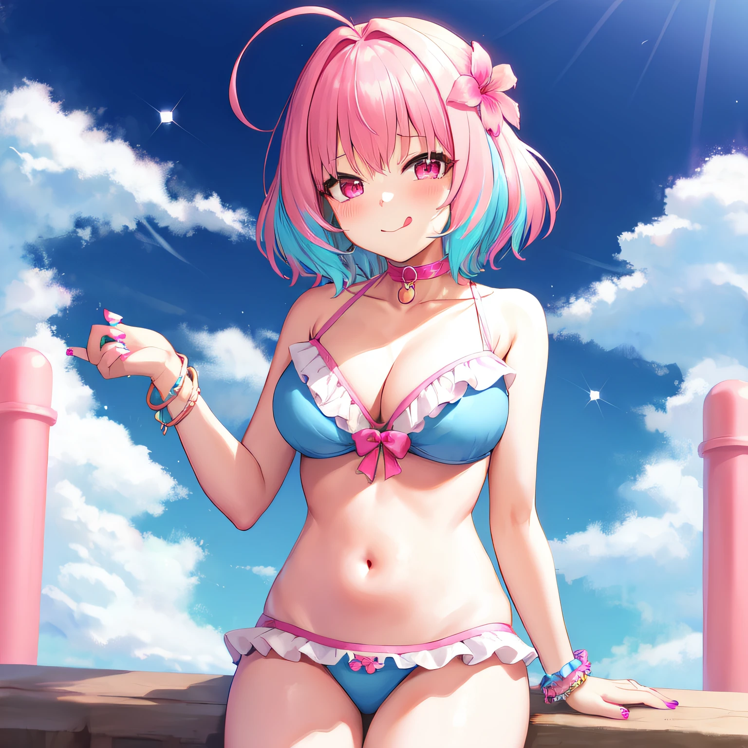 YumemiRiamu, 1girl, breasts, swimsuit, ahoge, pink hair, bikini, tongue, hair ornament, multicolored hair, solo, navel, hair flower, blush, looking at viewer, tongue out, large breasts, bangs, flower, two-tone hair, choker, blue hair, short hair, nail polish, pink eyes, collarbone, frilled bikini, frills, smile, bracelet, cleavage, blue bikini, jewelry, hair intakes, pink choker, simple background, closed mouth, gradient background, bare shoulders, gradient, :q