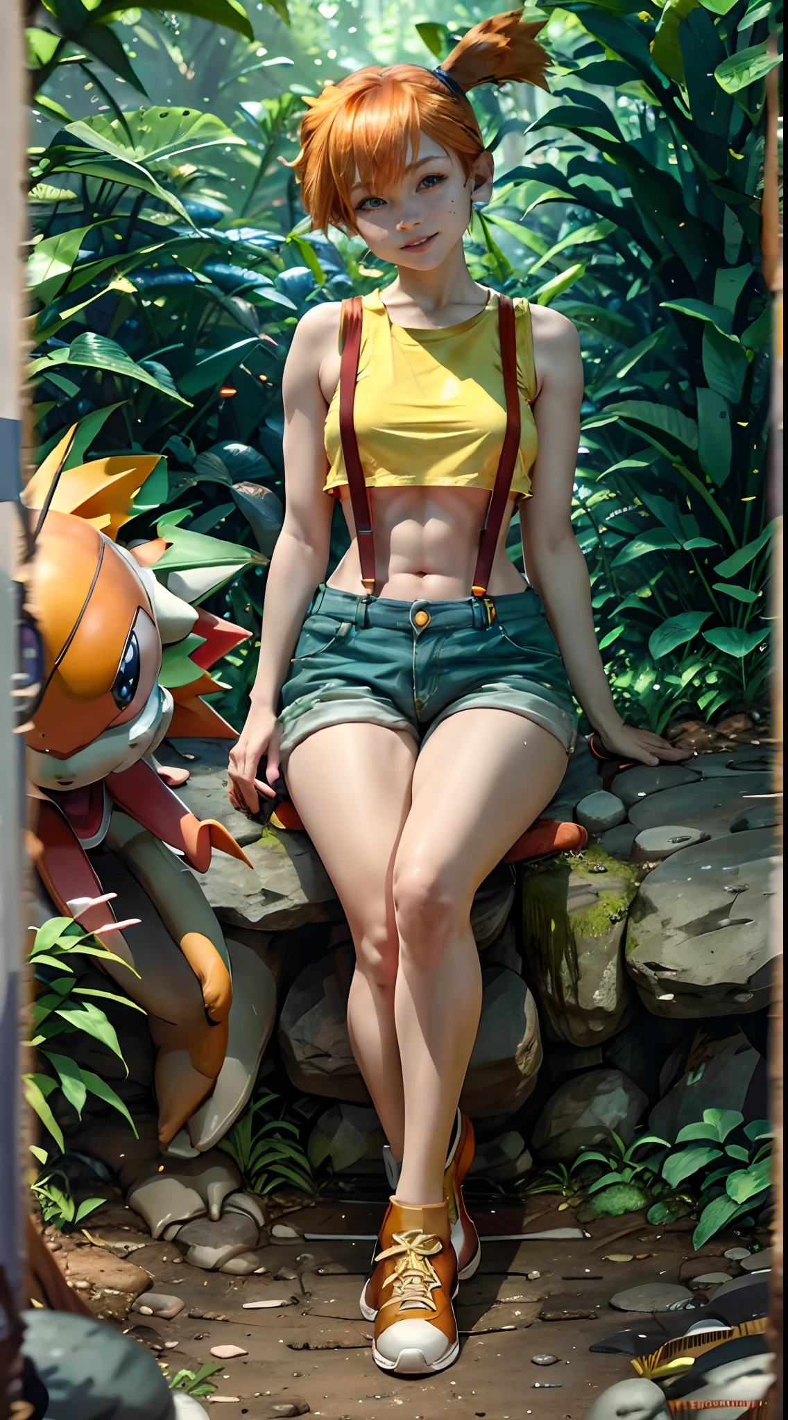 masterpiece, best quality, highres, 1girl, misty (pokemon), orange hair, solo, serious look, full of sweatsshorts, suspenders, side ponytail, orange hair, midriff, yellow crop top, navel, short hair, denim, denim shorts,, smile, cowboy shot, outdoors, Under Boob, small breasts, Externally expanded Chest,sitting with pokemons.