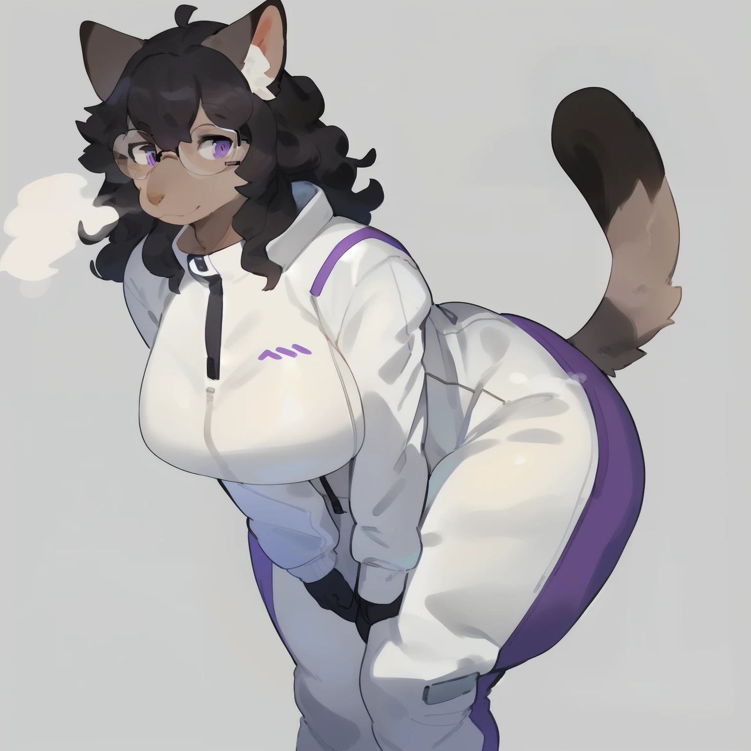 by bebebebebe, by goonie-san, by bigcozyorca, by buta99, solo, female, standing, feline, (((detailed eyes, glasses))), thick thighs, thicc, plump, medium hair, ((snout)), tail, smoky colored fur, brownish grey fur, black hair, ((wavy hair)), purple eyes, white spacesuit