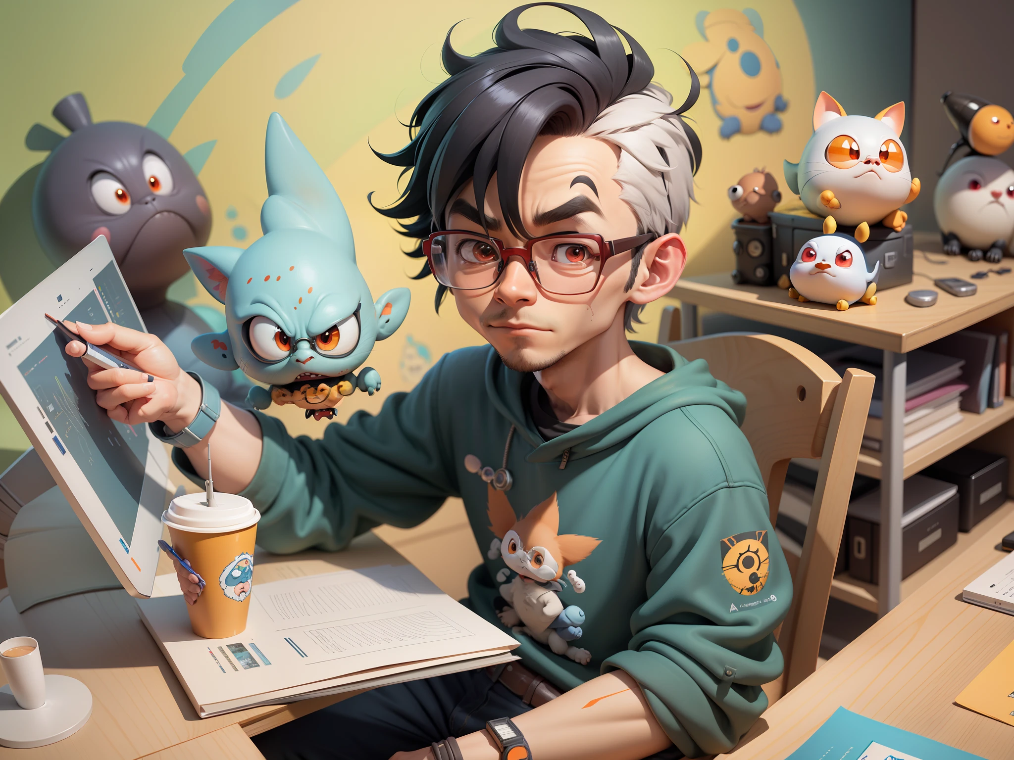A young man with glasses sits at his desk,holding laptop,digitial painting,3D character design by Mark Clairen and Pixar and Hayao Miyazaki and Akira Toriyama,4K HD illustration,Very detailed facial features and cartoon-style visuals。