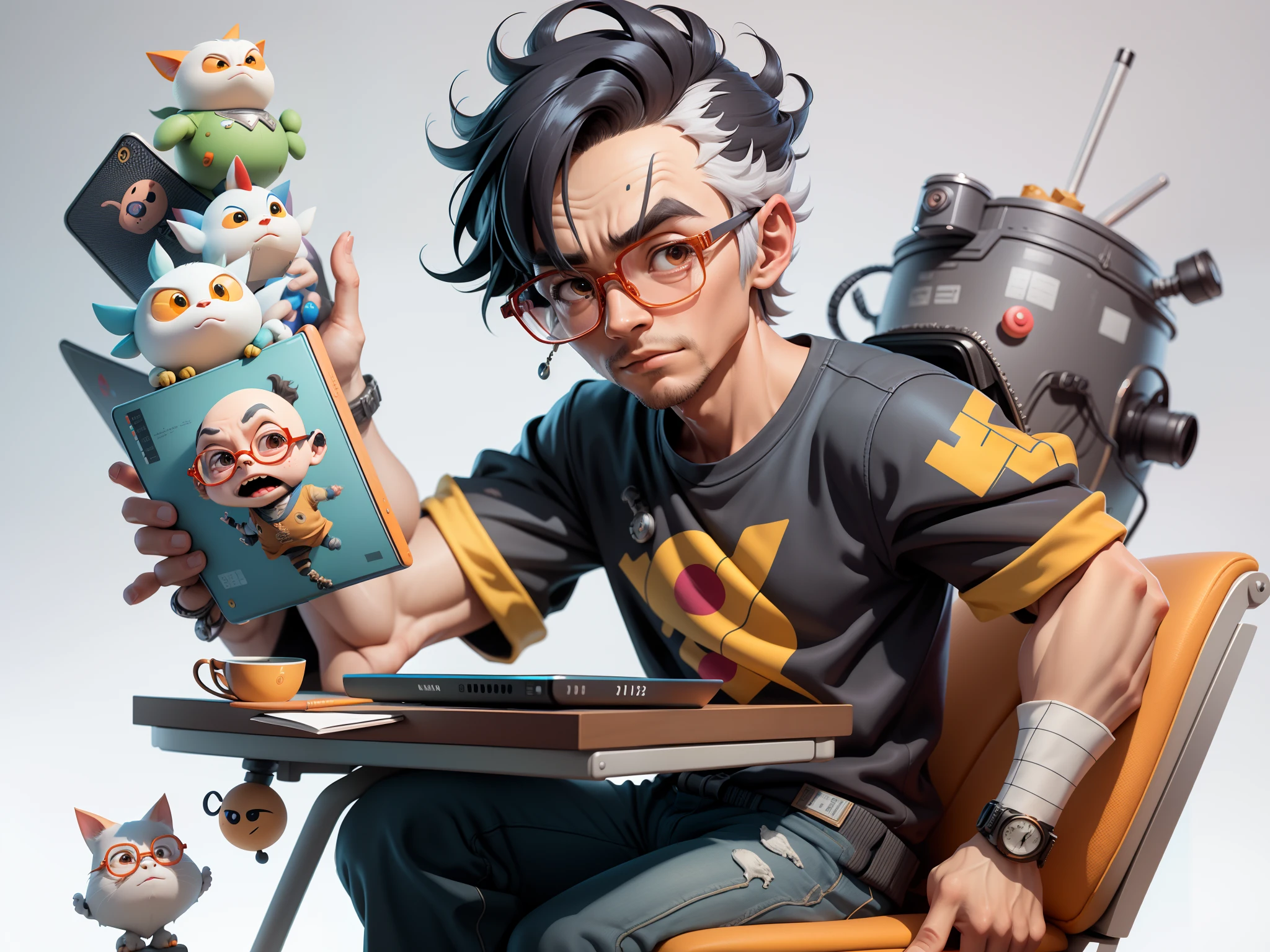 A young man with glasses sits at his desk,holding laptop,digitial painting,3D character design by Mark Clairen and Pixar and Hayao Miyazaki and Akira Toriyama,4K HD illustration,Very detailed facial features and cartoon-style visuals。