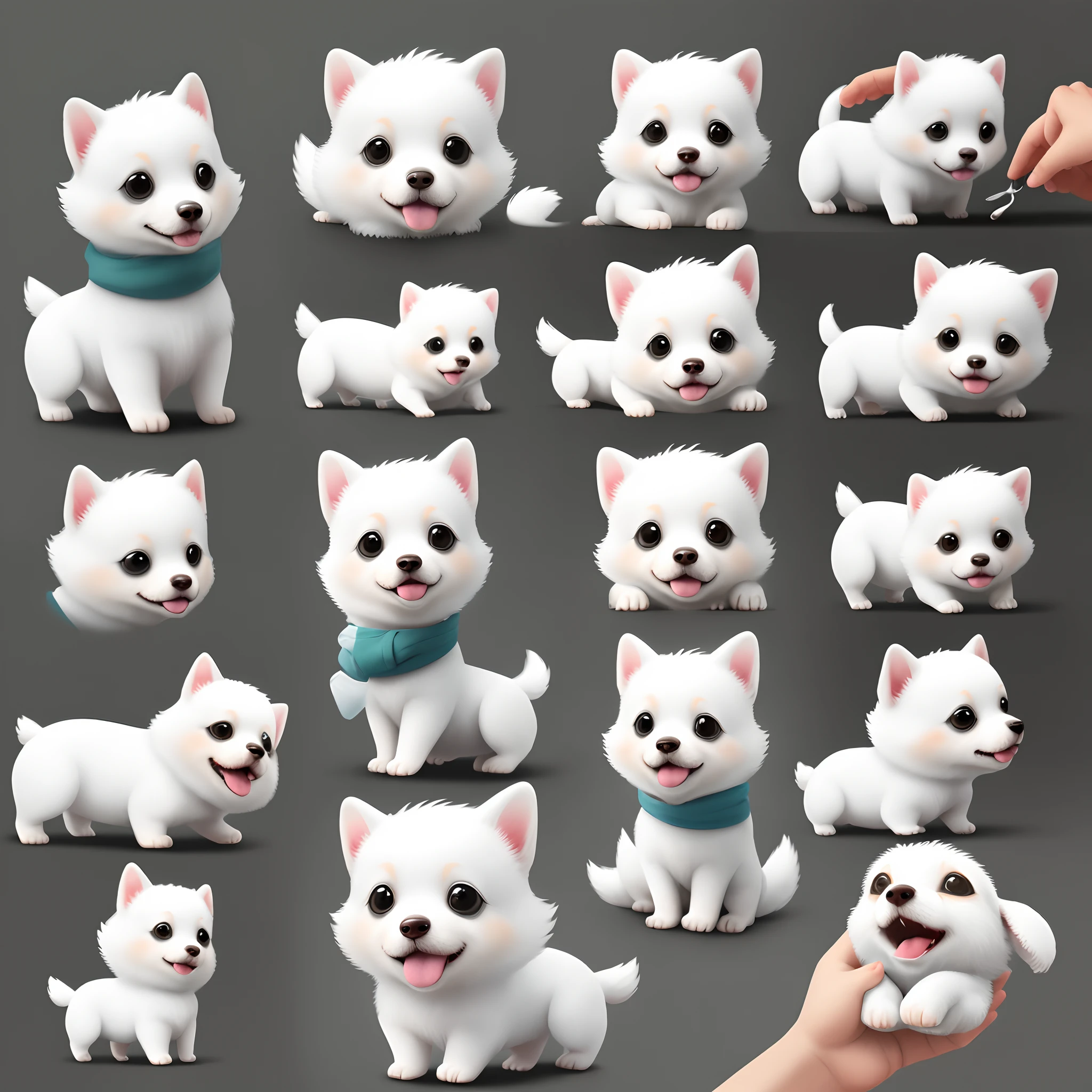 Help me make a cute animated little white dog，Contains a variety of expressions，The action is exaggerated, cute and cute