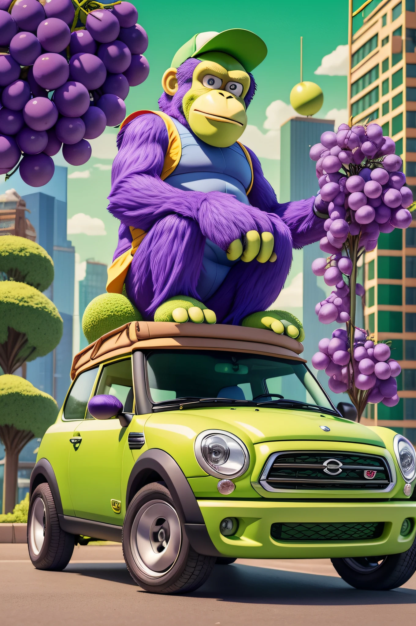 Fantastic 2D cartoon image of a cute and friendly giant grape-colored gorilla wearing a green vest and green baseball cap. he is sitting on top of a yellow mini cooper. urban scene, inspired by (((The Great Grape Ape Show))), cartoon style by Hanna-Barbera. Cityscape in the background. colorful illustration, 2D cartoon style. hdr, 8k