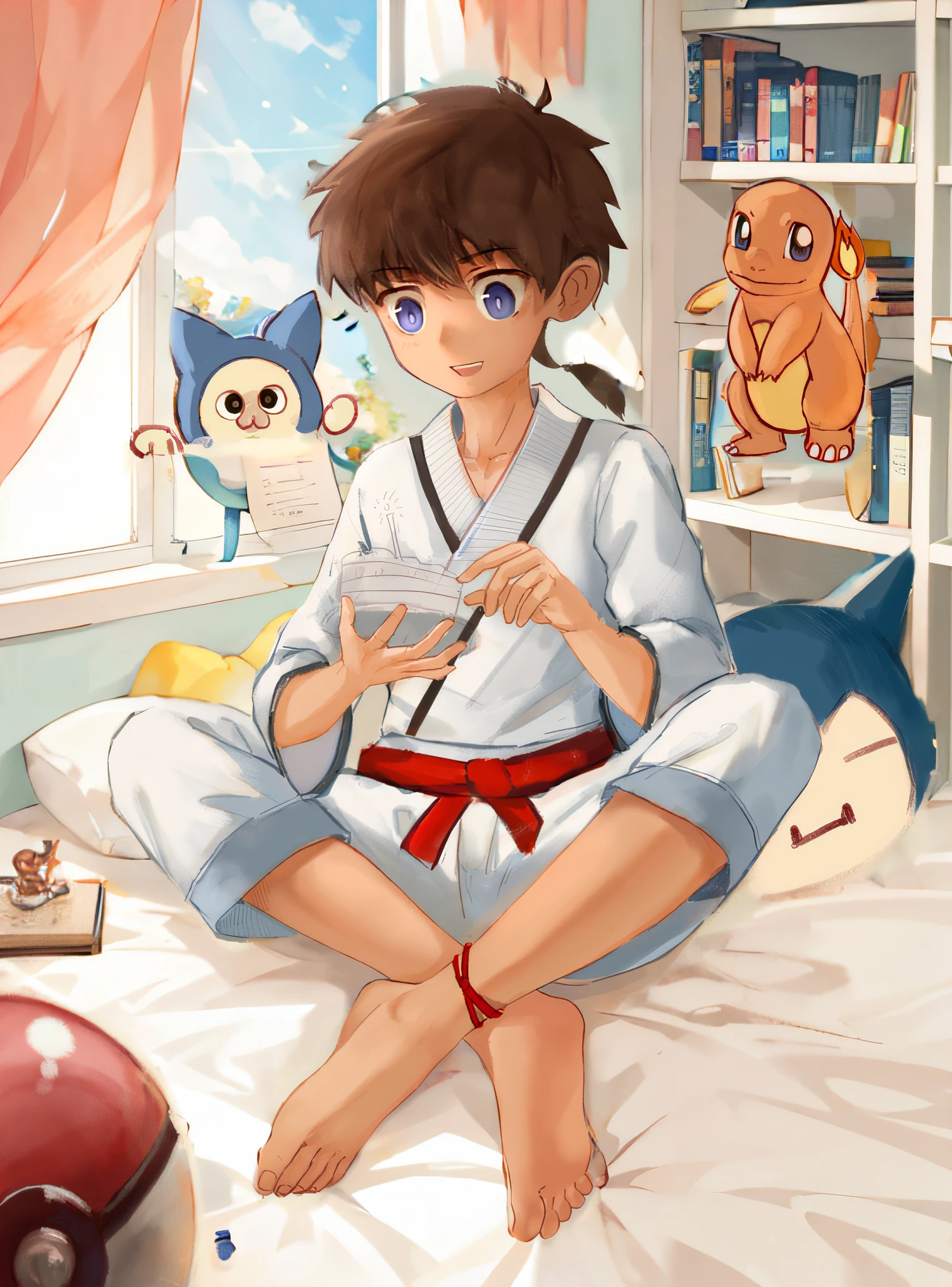 There is a window next to it,Boy's room,The background has layers,sit on a bed,There are bookshelves with toys in the back,Trophy,Lots of detail,k hd,tmasterpiece,HighestQuali