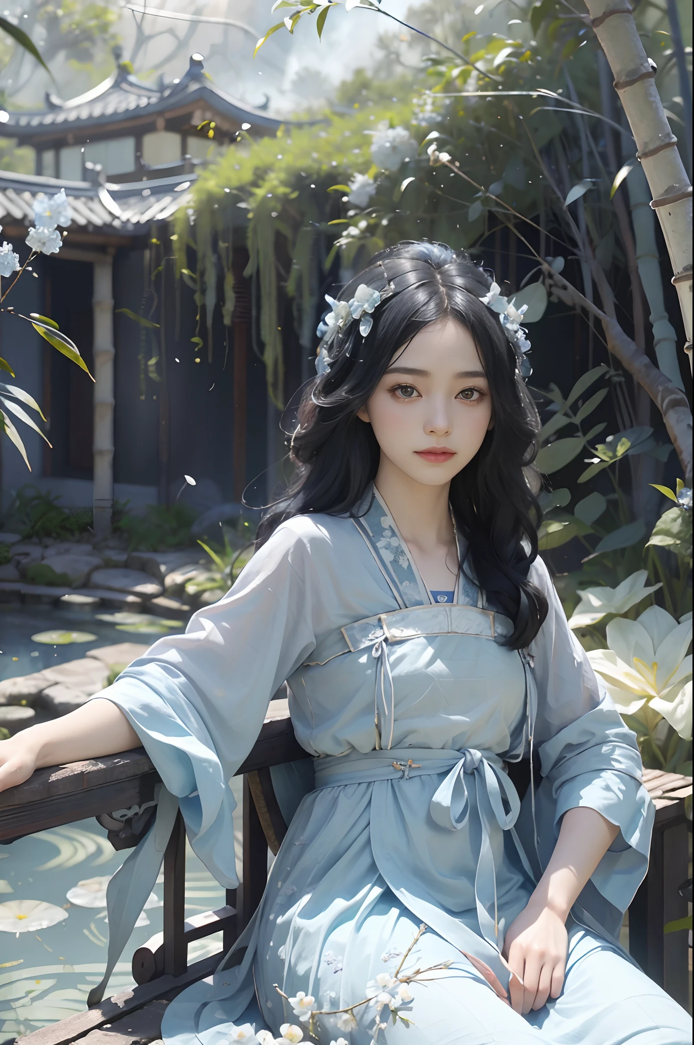 (Positive Focus), (In the Dark: 1 Girl), Surrealistic Female Portraits by David Hockney and Alphonse Mucha, Fantasy Art, Photo Realism, Dynamic Lighting, Art Station, Poster, Volumetric Lighting, Very Detailed Faces, 4K Wallpaper, Award-Winning , ,1 Girl, Blue Hanfu, Tulle Coat, Smiling Emoji, Long Black Hair, Light Blue Fringed Hair Ornament, White Ribbon, White Flower Bush, Light Blue Small Flowers, Light Blue Butterfly Flying, Sitting by the Pond, Reaching for Flowers, Red Carp, Hazy Mist, Chinese ancient building courtyard background, background bamboo, small bamboo, dramatic composition, movie light effects,