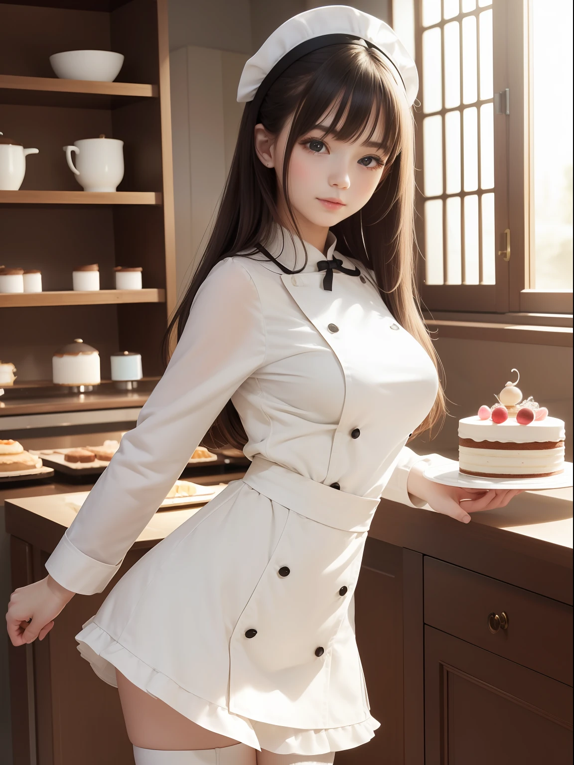 masuter piece, best qualtiy, ((Real Model Shots)), 8K picture quality, ((1 persons)), extremely delicate and beautiful, magnifica, Official art with attention to detail, (Cute girl), (Petite and pretty girl), (japanese beauty girl), ((Perfect female figure)), large full breasts, Slim waist, big butts, Black hair, (((Cute long sleeve pastry chef clothes))), Cooking clothes, Whole cakes, atelier, Cake shop, ssmile,