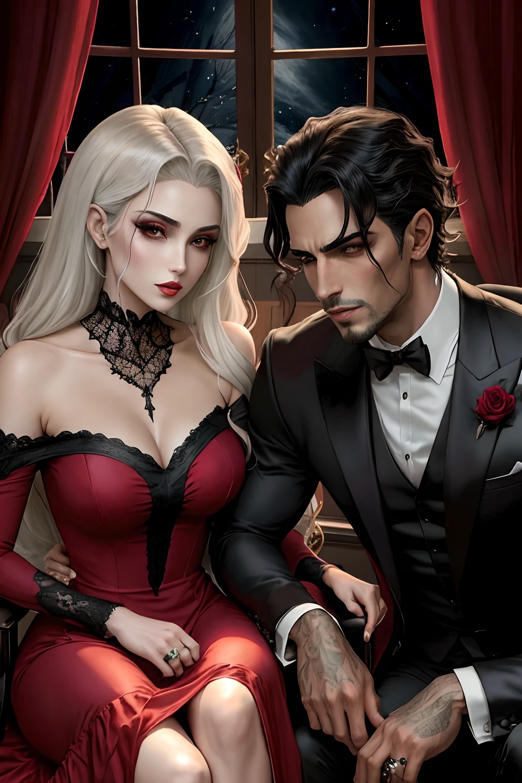Casal de vampiros, estilo anime, mulher sexy vestido vermelho, homem cinza e terno preto, mulher vestido de noiva, preto, Escuro, cabelos loiros, cabelos muito longos, sombrio, Pashmina