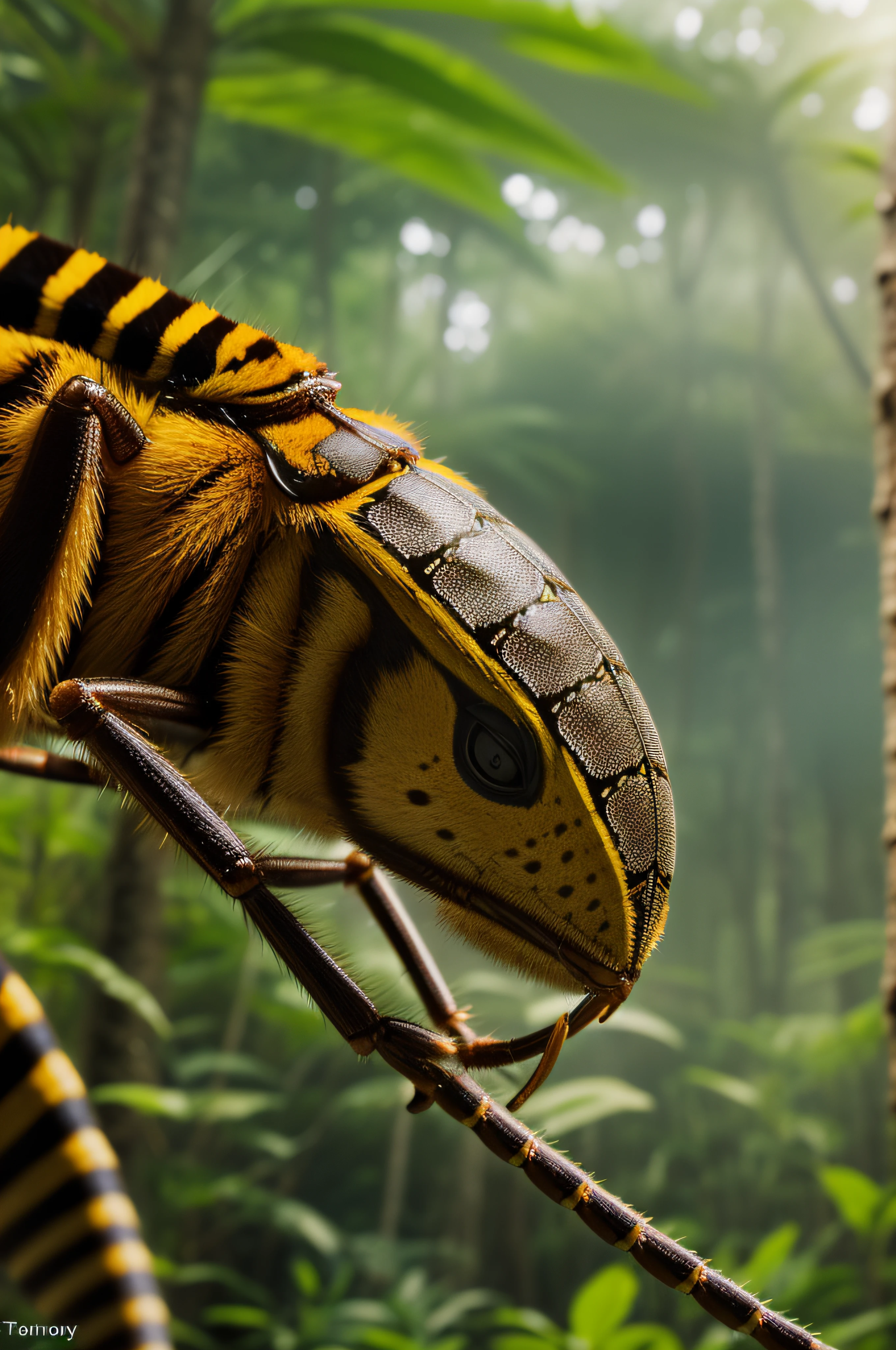 "one tiger in a vibrant Jurassic rainforest with (insects:1.2), (subtle mist:1.2), (intricate details:1.1), (anatomically accurate:1.2)."