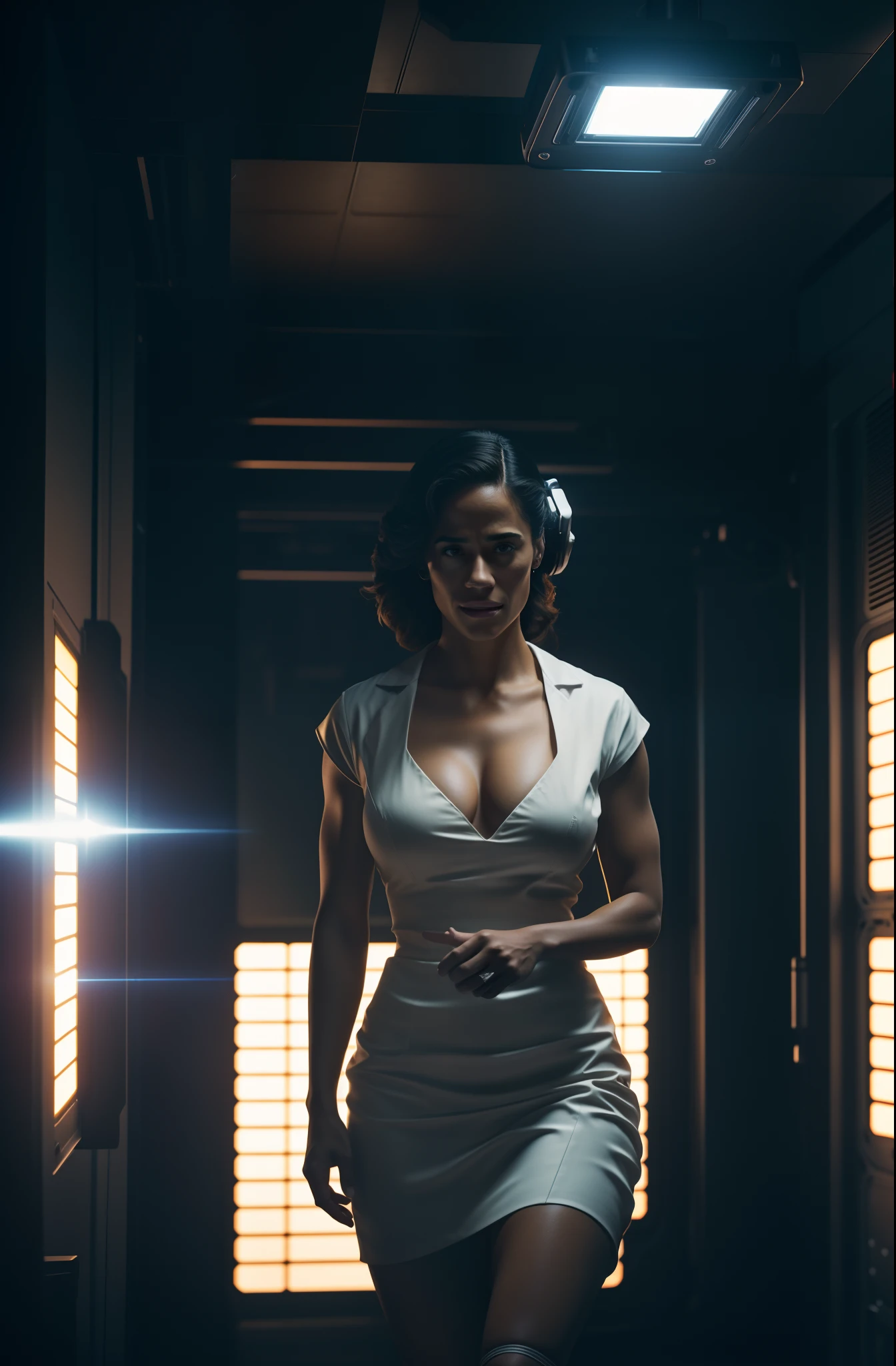 Hot Paula patton as a scientist working on a Ishimura space Ship in sci fi lab photography, natural light, photorealism, cinematic rendering, ray tracing, the highest quality, the highest detail, Cinematic, Third-Person View, Blur Effect, Long Exposure, 8K, Ultra-HD, Natural Lighting, Moody Lighting, Cinematic Lighting