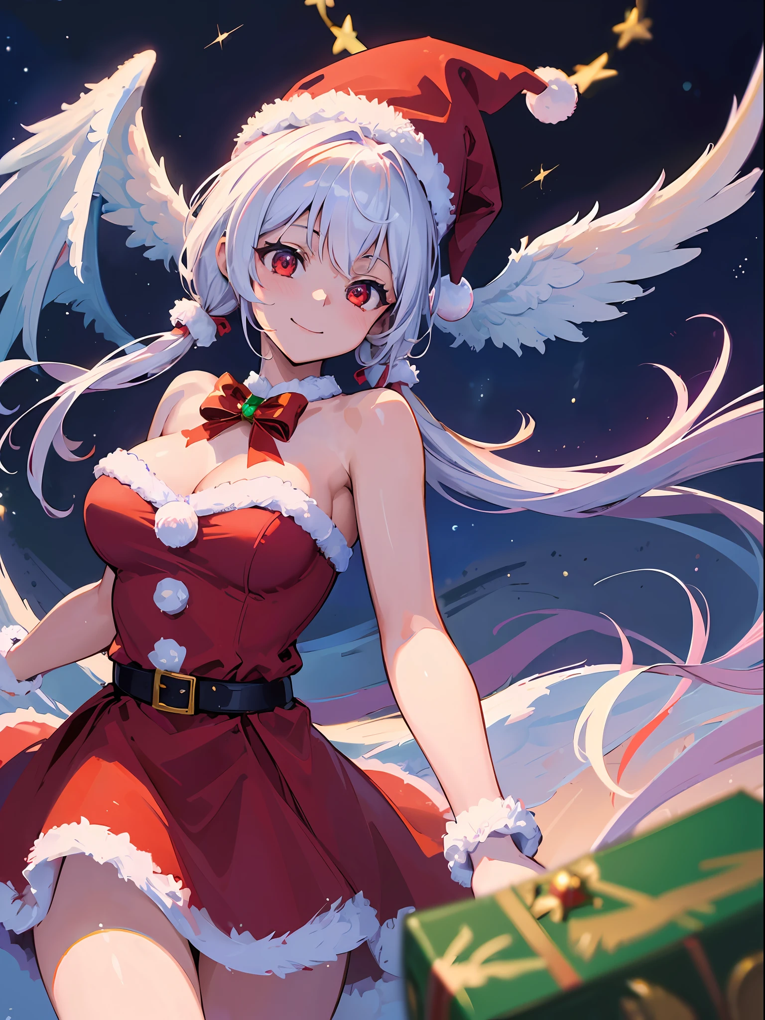 (best quality, masterpiece:1.3), illustrations, anime, very high resolution, large filesize, full color, beautiful detailed glow, front light, 1girl, solo, Christmas, santa costume, Santa hat, ((magical girl)), Christmas decorations, smiling, white hair, red eyes, twin tail, (angel wings), dynamic angle, magic, battling,