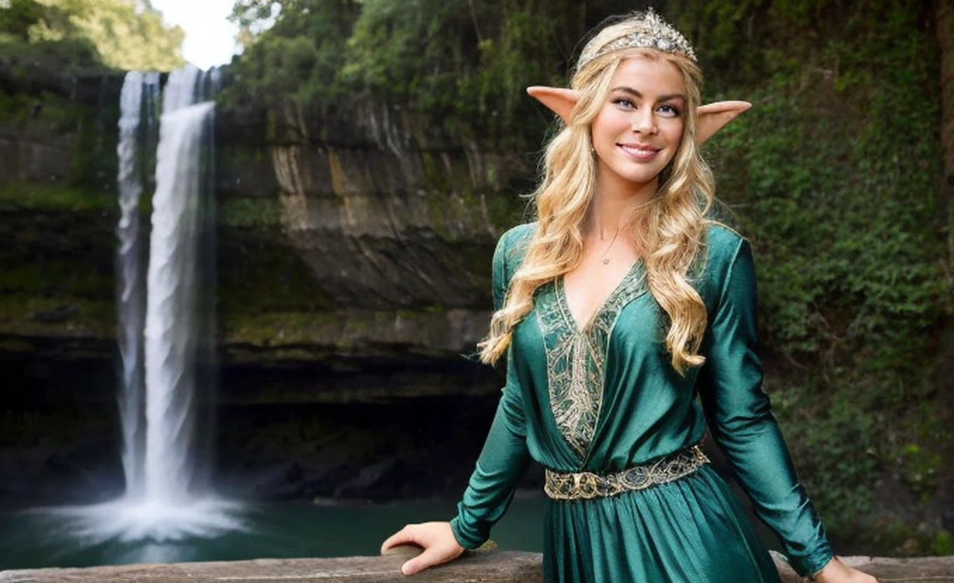 Only 1 arafed woman in a green dress with a waterfall in the background, de corpo inteiro, muito bonito Rio top model, Bela Sci - Fi-twins, elven character with smirk, Elven Princess, beautiful elven princess, of elven queen galadriel, cosplay realista, blonde elvish empress, Rio, fantasy photoshoot, elfo feminino bonito e elegante