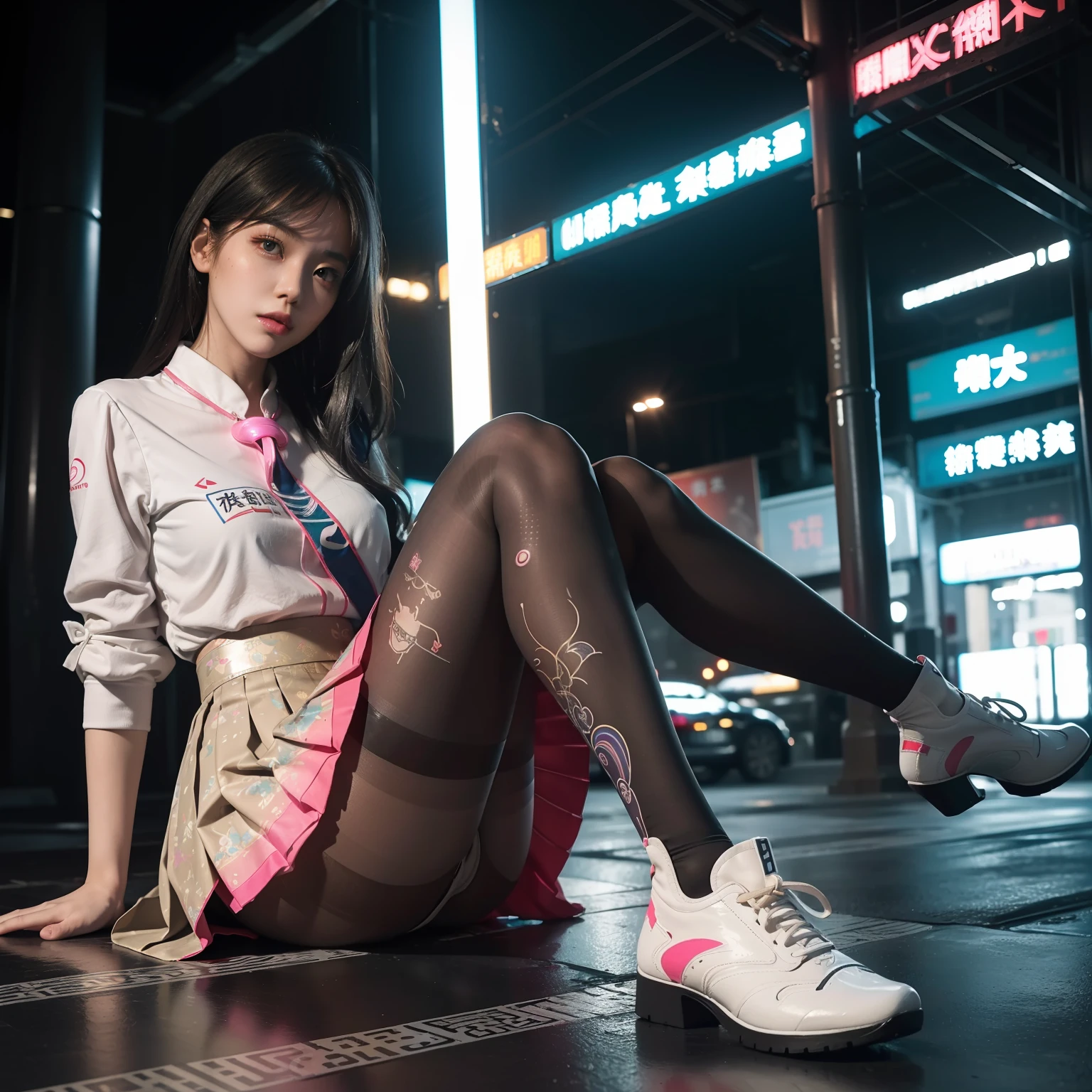 (full body:1.5),(1girl:1.3),(view the viewer:1.4),(anatomy correct:1.45),(Sitting in the center of Cyberpunk's street:1.3),(very thick printed pantyhose:1.4),( Chinese woman Wear printed fantasy Ultraman style JK student uniform pleated skirt and uniform pointed high-heeled leather shoes :1.35), (Light particle effect:1.3),(In pink | amarelo | blue colors| green color |red color | white colors| black in color| purplish color| greys| Beige| Flesh color 1.4),(Glowing eyes:1.3),(Large amplitude action: 1.3),(Accurate and perfect face:1.4),hyper HD, Ray traching, reflective light,structurally correct, Award-Awarded, high detail, lighten shade contrast, Face lighting,cinmatic lighting, tmasterpiece, super detailing, high quality, high detail, best quality, 16k,High contrast,