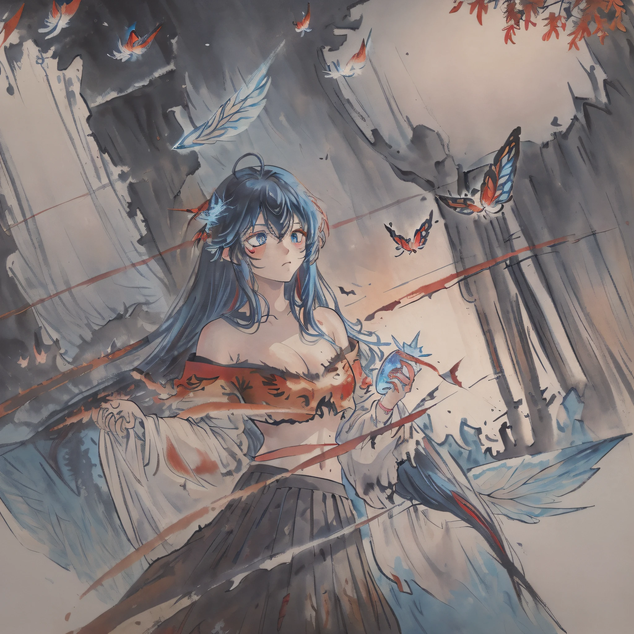 ((ink)),((watercolor)),{{best quality},(expressionless),((illustration)),(beautiful detailed girl),(beautiful detailed eyes),world masterpiece theater,depth of field,(blue spark),anime face,black gauze skirt,(red and blue hair),blue eyes,focus_on_face,medium_breasts,(((((messy_long_hair))))),Bare shoulder,very_close_to_viewers,burning sky,navel,((bustier)),flame,Rainbow in the sky,((Flames burning ice)),(((Fire butterflys ))),(((ice crystal texture wings))),(Flying sparks),(detailed ice),{{a lot of luminous ice crystals}},((burning feathers)),{feathers_made_of_ice},(frozen feathers),{{{ice and fire together}}}