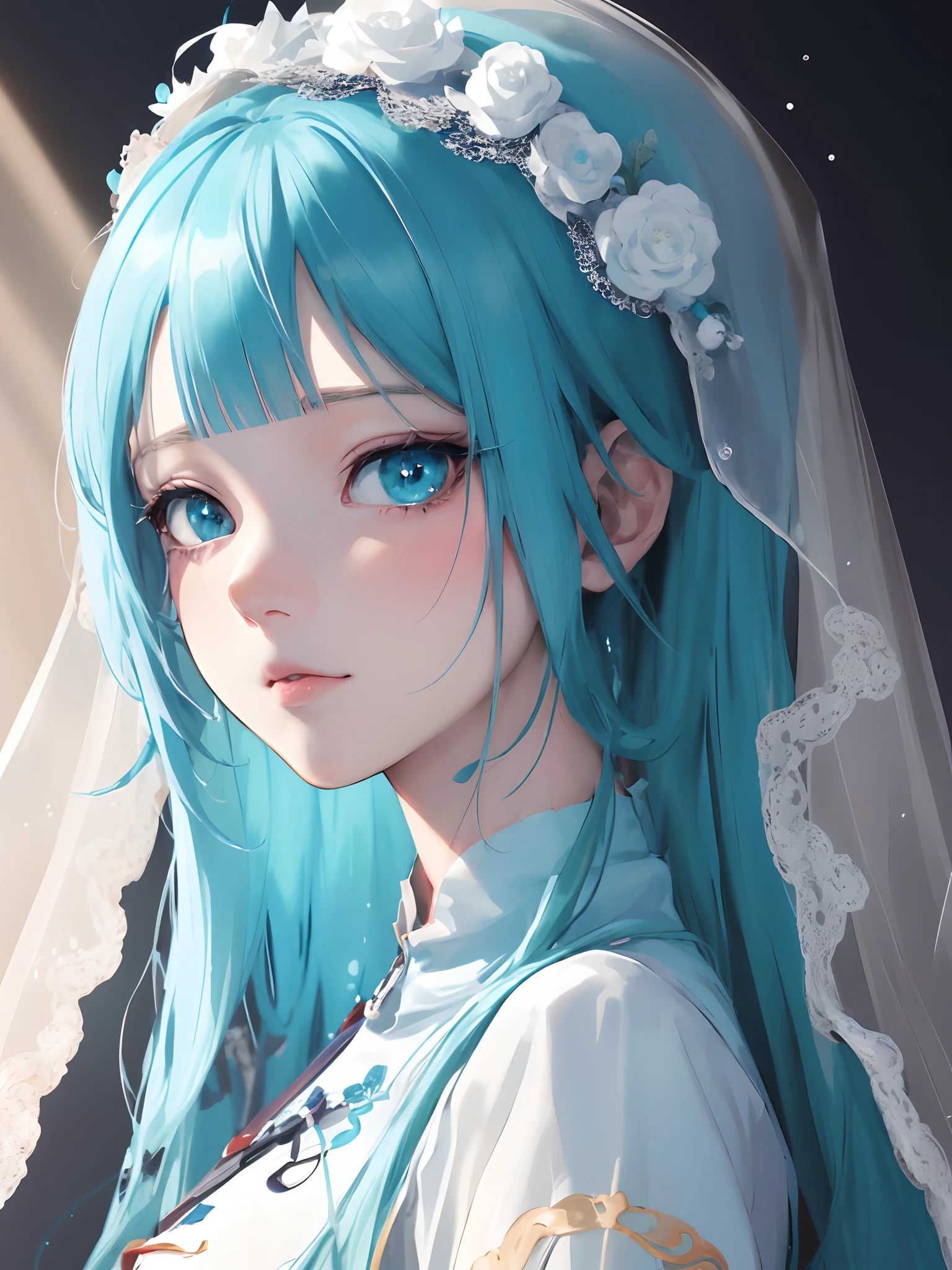 Blue hair anime girl in veil and white dress, , anime style 4 k, Detailed Digital Anime Art, Anime art wallpaper 8k, Beautiful Anime Portrait, anime art wallpaper 4k, anime art wallpaper 4k, Anime girl with teal hair, digital art on pixiv, Realistic anime art style, digital anime art, detailed portrait of an anime girl