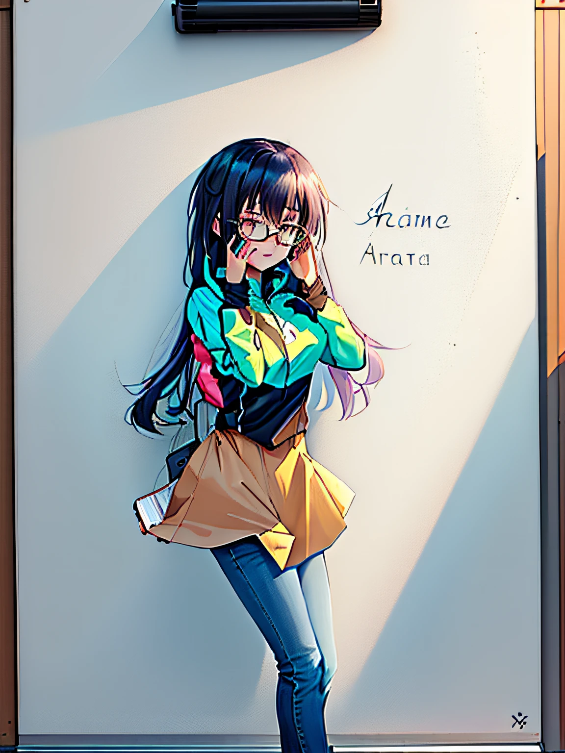 A painting of a girl wearing glasses and a jacket holding a mobile phone, anime sketch, an anime drawing, anime moe art style, comic drawing, Anime Paintings, clean anime outlines, An anime girl, anime style drawing, Anime girl, flat anime style shading, manga drawing, anime shading, anime shading), anime art style, anime figure, in an anime style