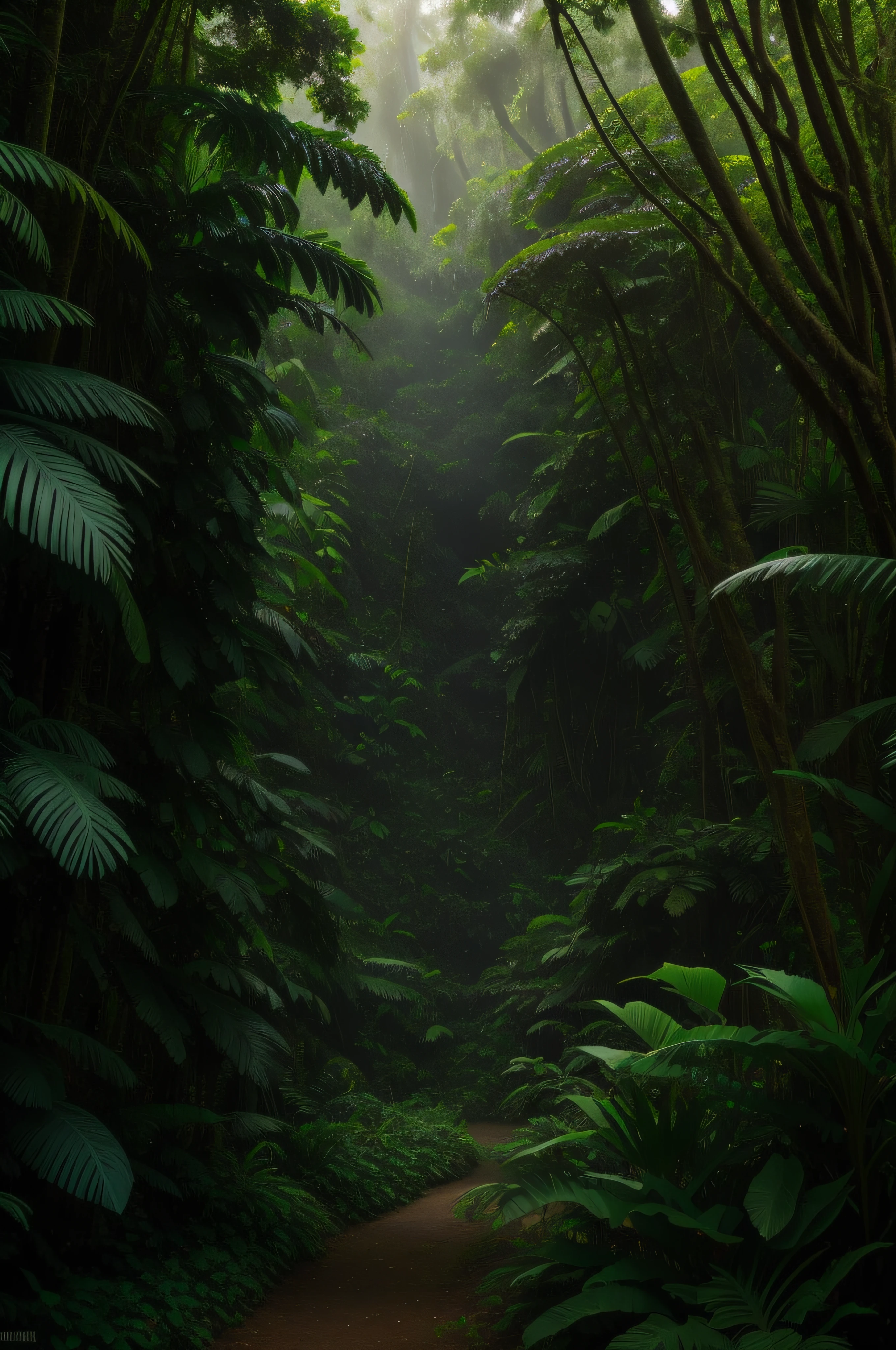 lush Jurassic rainforest with insects, subtle mist, intricate details