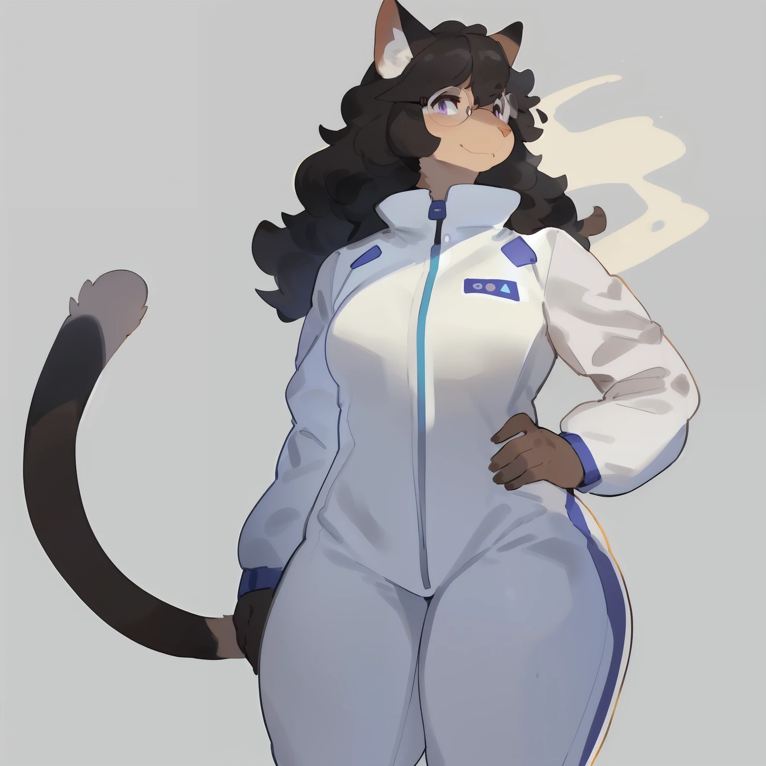 by bebebebebe, by goonie-san, by bigcozyorca, by buta99, solo, female, standing, feline, (((detailed eyes, glasses))), thick thighs, thicc, plump, medium hair, ((snout)), tail, smoky colored fur, brownish grey fur, black hair, ((wavy hair)), purple eyes, white spacesuit