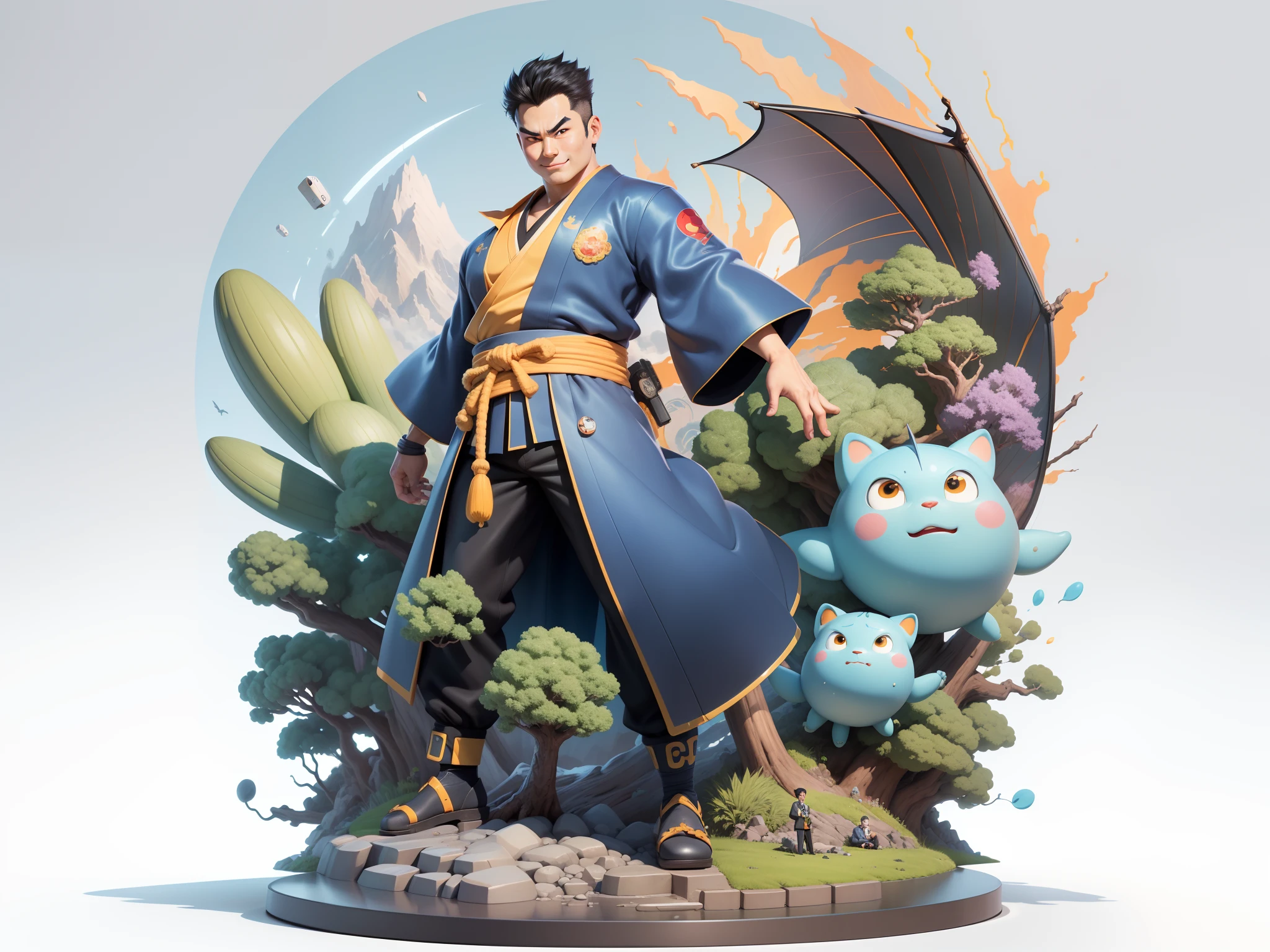 (Masterpiece), (Excellent), (Super Meticulous), (Full Body: 1.2), Super Young Man, Oriental Face, Japanese Kimono, Japanese Wind Thunder God, Dragon, Tiger, TV Anchor, Bust Portrait Illustration, Alone, Black Suit, Blue Tie, Slightly Chubby Face, Very Clean Face, No Beard, Black Super Short Hair, Black Eyes, Confident Smile, 3c Computer Sub-Products, iPad, iPhone, Digital Painting, 3D Character Design by Akira Toriyama and Mark Claireden and Pixar and Hayao Miyazaki, The illustration is a high-definition illustration in 4K resolution with very detailed facial features and cartoon-style visuals.