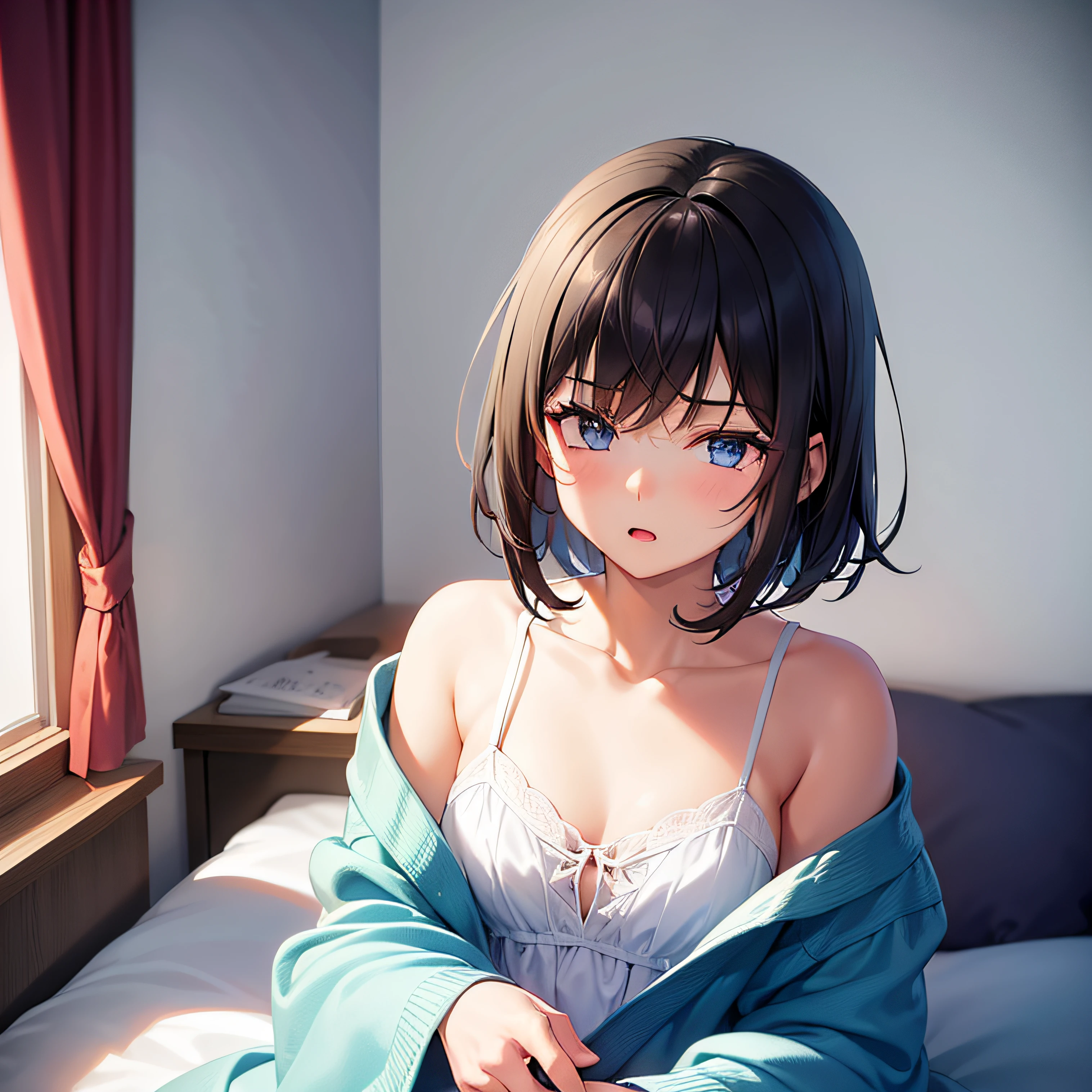 {1girl in, Shorthair, A dark-haired, blue eyess, dressing gown}, {inside in room, on the bed}, {Eyes closed, yawning being}, concept-art, beautiful anime scene, Beautiful anime scenery, top-quality, masterpiece