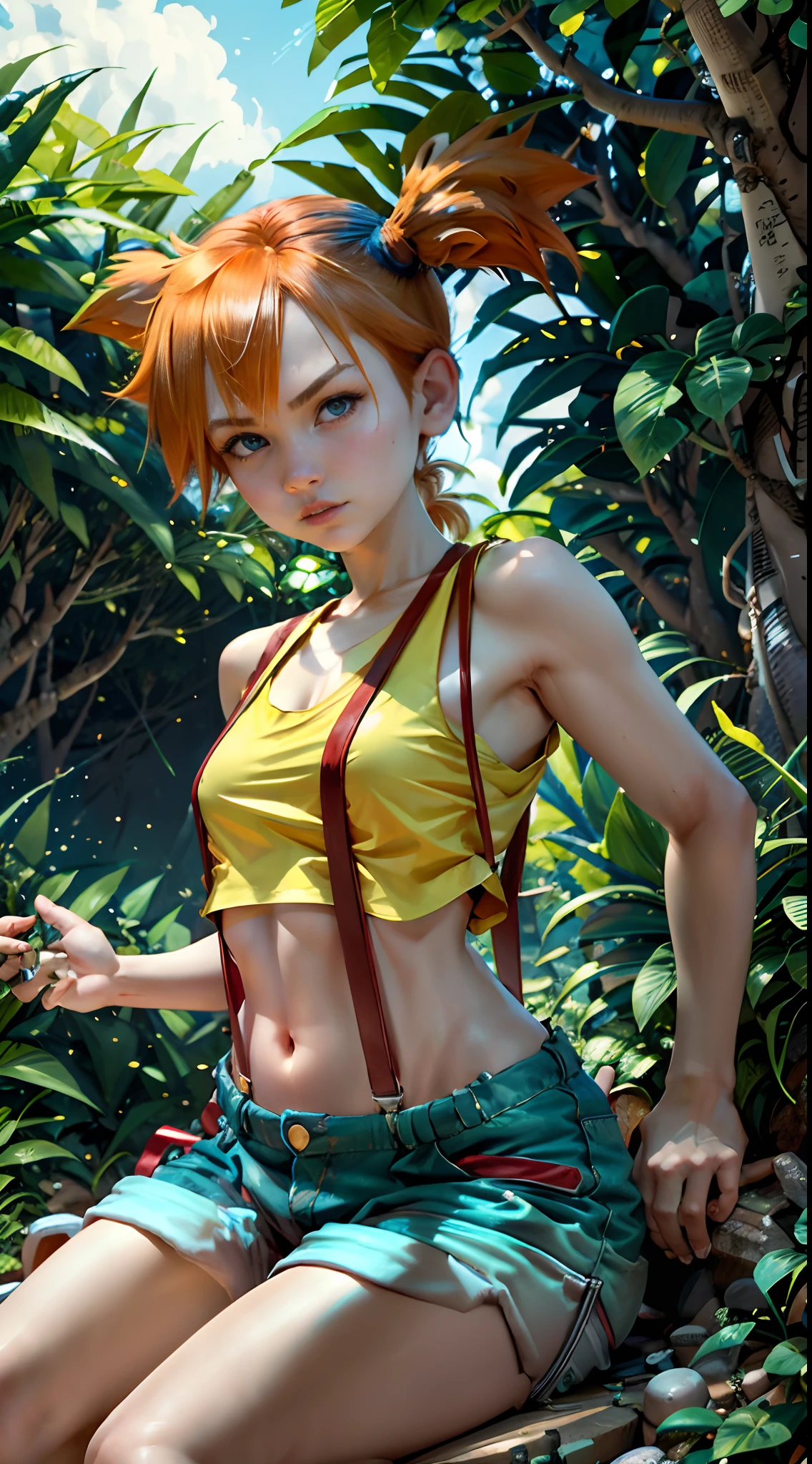 masterpiece, best quality, highres, 1girl, misty (pokemon), orange hair, solo, serious face look, full of sweatsshorts, suspenders, side ponytail, orange hair, midriff, yellow crop top, navel, short hair, denim, denim shorts cowboy shot, outdoors, Under Boob, small breasts, Externally expanded Chest,sitting with pokemons, pinky room background.