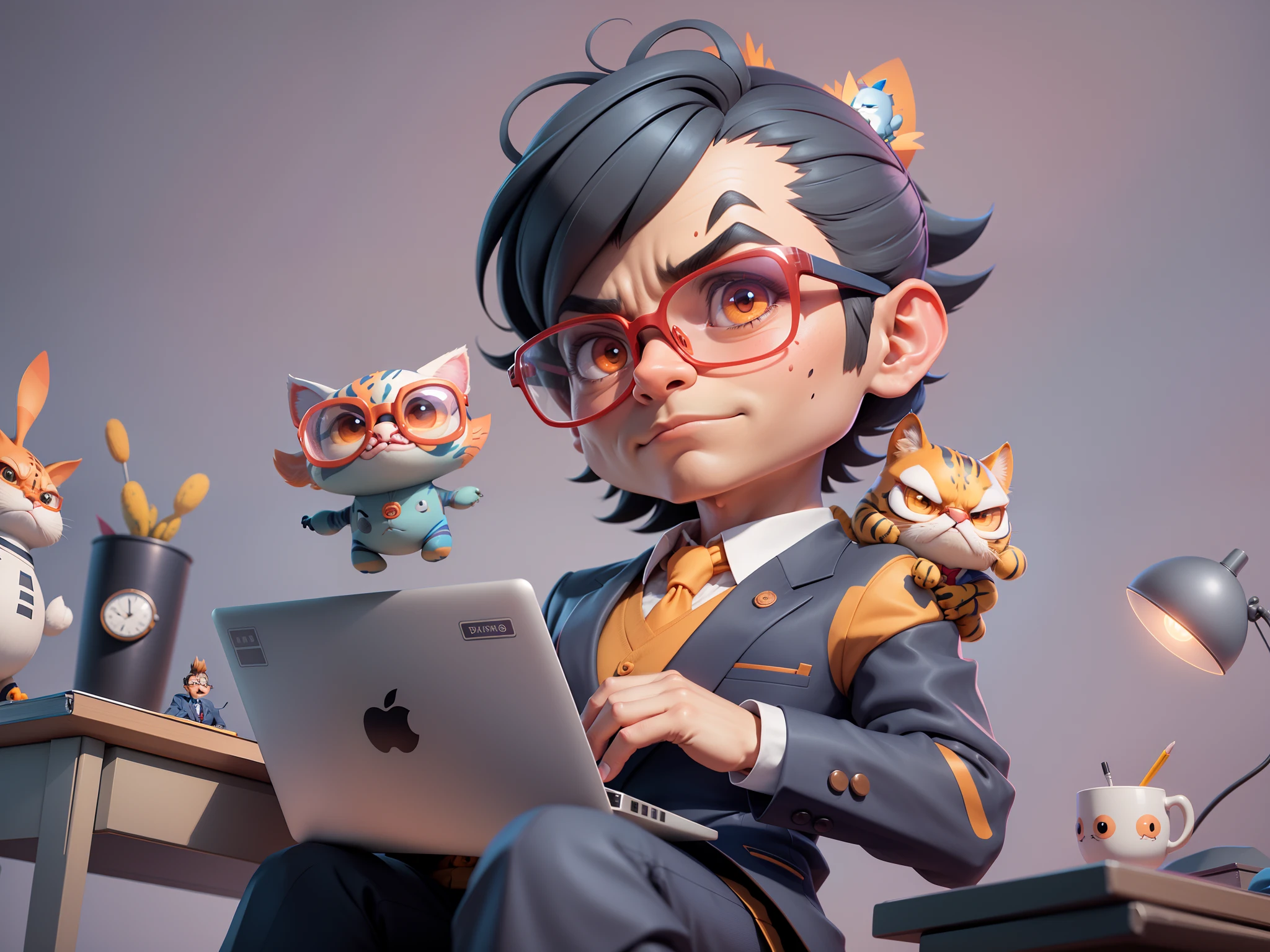 A young man in a suit, Short hair and glasses sat at his desk,holding laptop,digitial painting,tigre,3D character design by Mark Clairen and Pixar and Hayao Miyazaki and Akira Toriyama,4K HD illustration,Very detailed facial features and cartoon-style visuals。