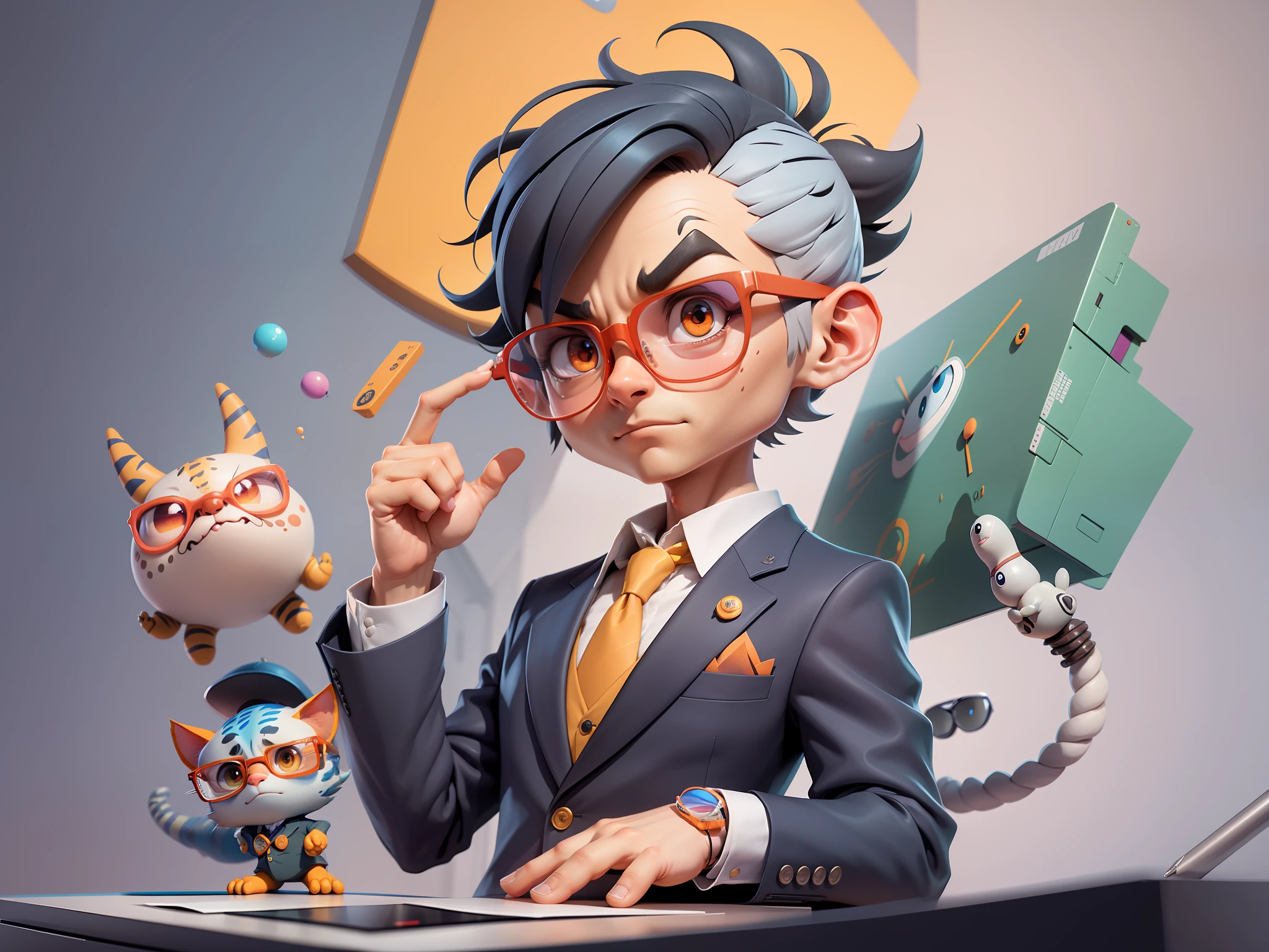 A young man in a suit, Short hair and glasses sat at his desk,holding laptop,digitial painting,tigre,3D character design by Mark Clairen and Pixar and Hayao Miyazaki and Akira Toriyama,4K HD illustration,Very detailed facial features and cartoon-style visuals。