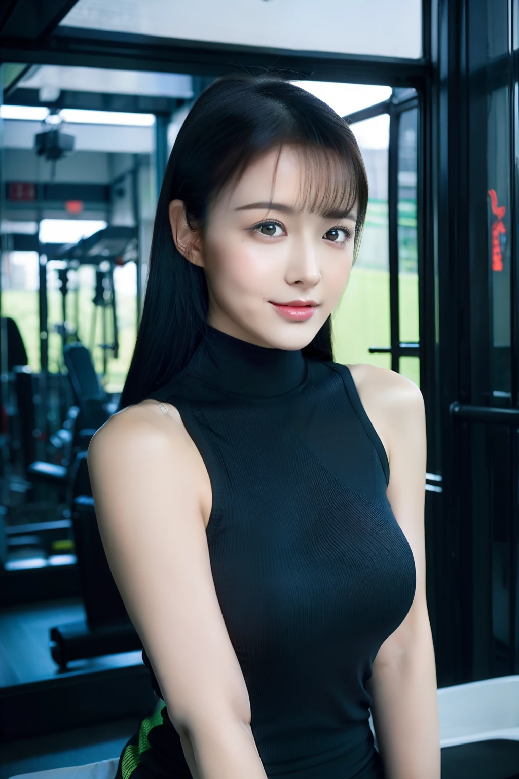 best qualtiy,tmasterpiece,超A high resolution,(真实感:1.4),RAW photogr,1girl,She has bright and reverent eyes,The eyebrows are slender and elegant,The slightly curved eyebrow shape exudes confidence and charm。Her nose is small and three-dimensional,It matches the shape of her face perfectly。Her lips were rosy and plump,The slightly upturned corners of her mouth reveal that she often wears a sweet smile。Not only that,She also has bright and healthy hair。Thick hair is smooth,She is slender and well-proportioned,It has beautiful curves and moderate muscle lines。She has a slender waist,mediuml breasts。A high resolution:1.3),random hair style, Super fine face and eyes,Wear a white turtleneck tracksuit,Wear it with black sports shorts , The private gym has soft exercise mats and high-end fitness equipment,A large flat-screen TV hangs on the wall,Bring your own fitness experience, Anatomically normal,Glow particle effect,
