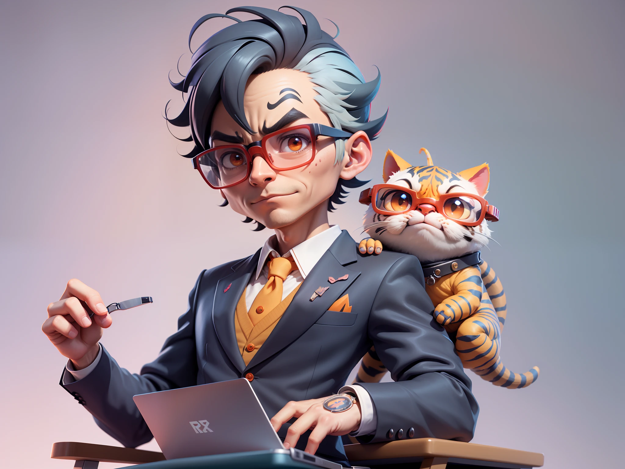 A young man in a suit, Short hair and glasses sat at his desk，holding laptop，digitial painting，tigre，3D character design by Mark Clairen and Pixar and Hayao Miyazaki and Akira Toriyama，4K HD illustration，Very detailed facial features and cartoon-style visuals。