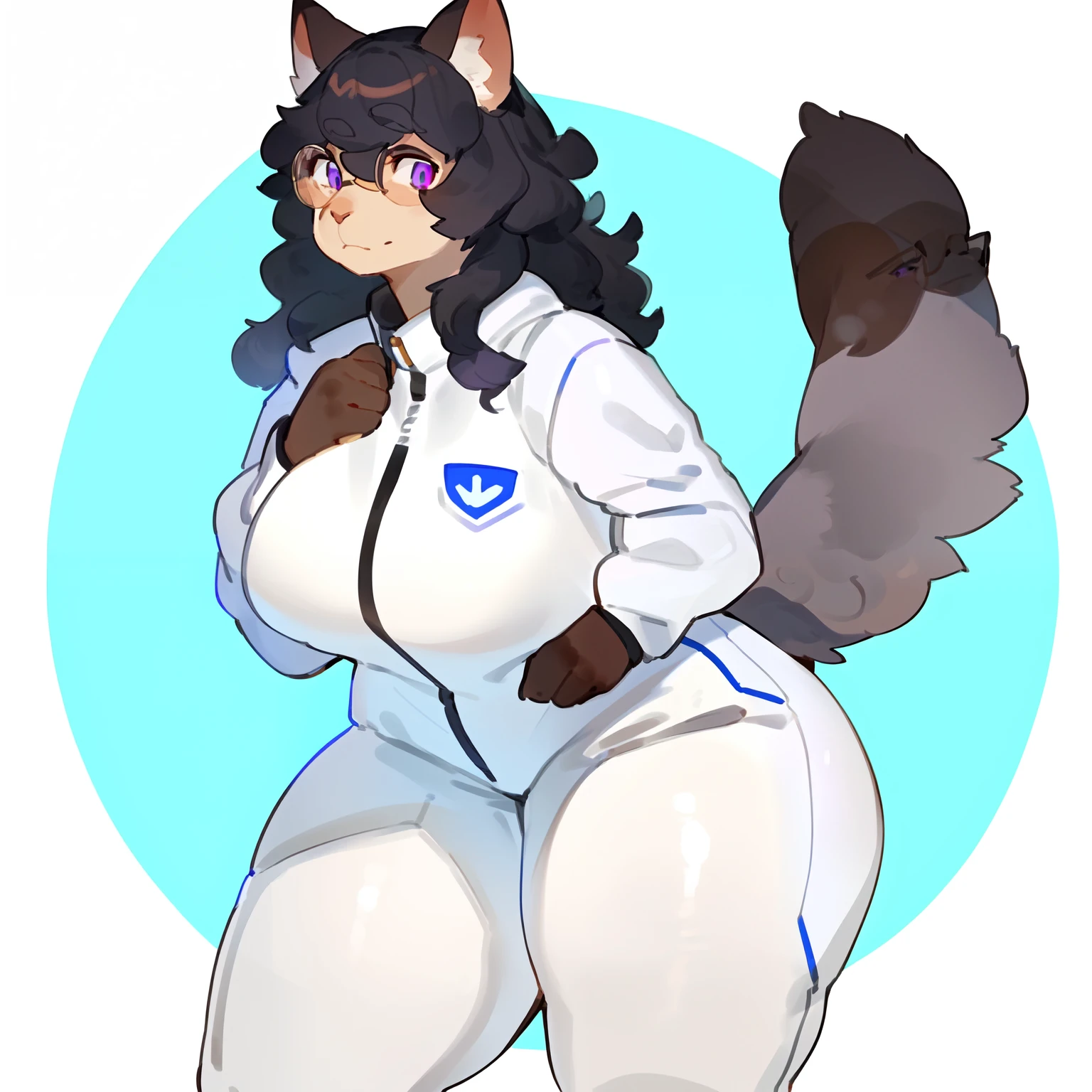 by bebebebebe, by goonie-san, by bigcozyorca, by buta99, solo, female, standing, feline, (((detailed eyes, glasses))), thick thighs, thicc, plump, medium hair, ((snout)), tail, smoky colored fur, brownish grey fur, black hair, ((wavy hair)), purple eyes, white spacesuit