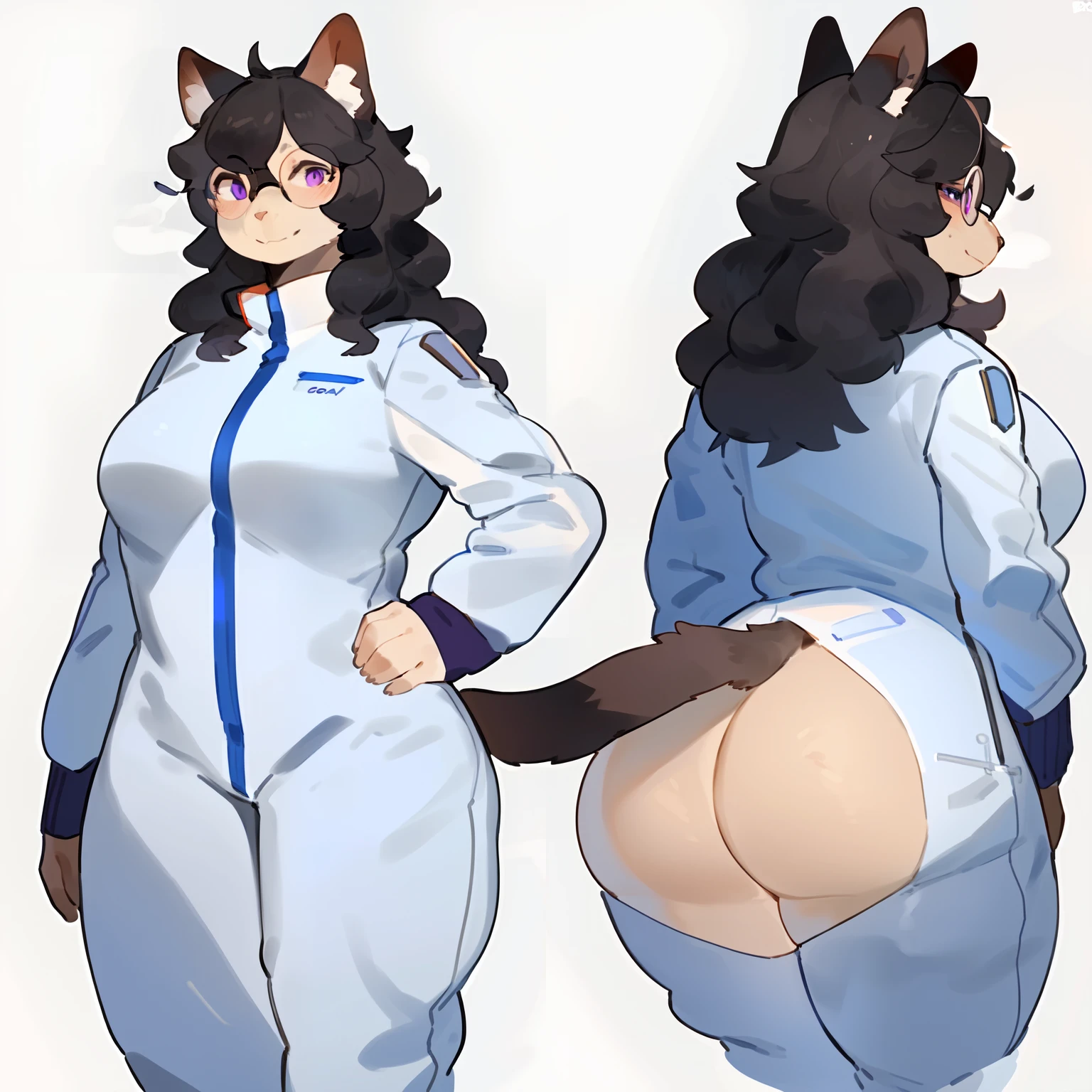 by bebebebebe, by goonie-san, by bigcozyorca, by buta99, solo, female, standing, feline, (((detailed eyes, glasses))), thick thighs, thicc, plump, medium hair, ((snout)), tail, smoky colored fur, brownish grey fur, black hair, ((wavy hair)), purple eyes, white spacesuit