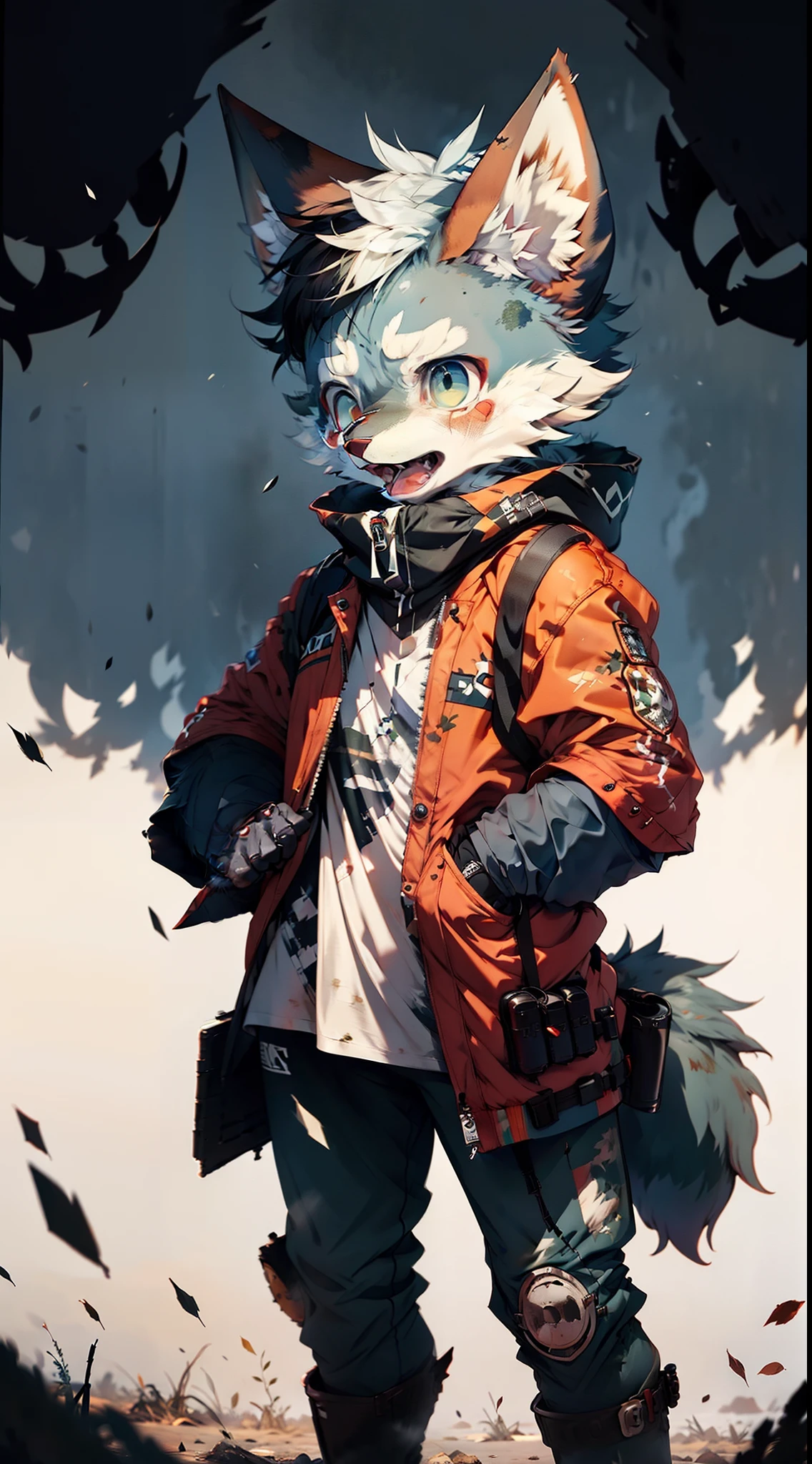 A blue furry wolf, clothed in military armor, holding a gun in her hand, Standing on a battlefield filled with gunfire, bloodshot eyes, open mouth, sad, crying, heavy breathing, disappointed, despair, frustrated, sobbing