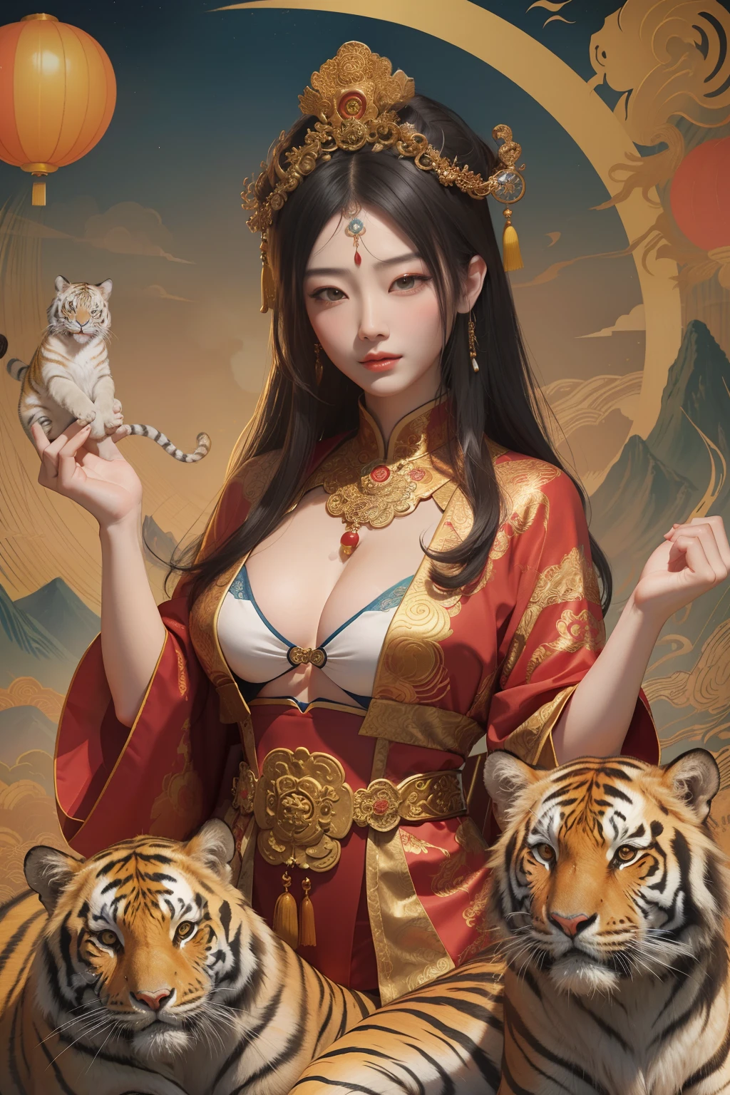 an ancient Chinese goddess, guanyin of the southern seas, Guanyin, Inspired by China, Avalokiteshvara rides a tiger，,Serene expression,shui mo hua,Buddha,Buddhist,Lotus,Chinese painting style,Thangka style