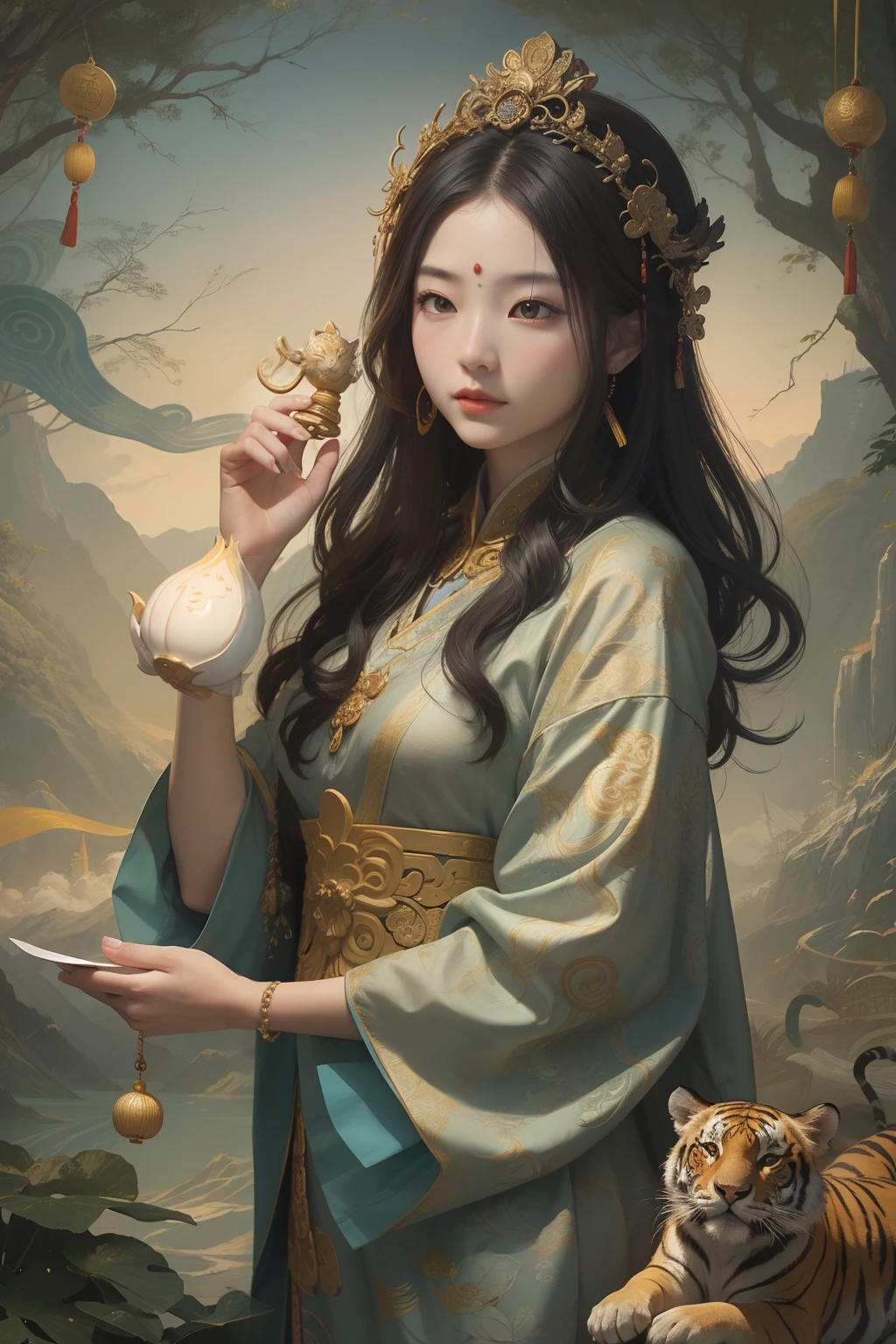 an ancient Chinese goddess, guanyin of the southern seas, Guanyin, Inspired by China, Avalokiteshvara rides a tiger,,Serene expression,shui mo hua,Buddha,Buddhist,Lotus,Chinese painting style,Thangka style